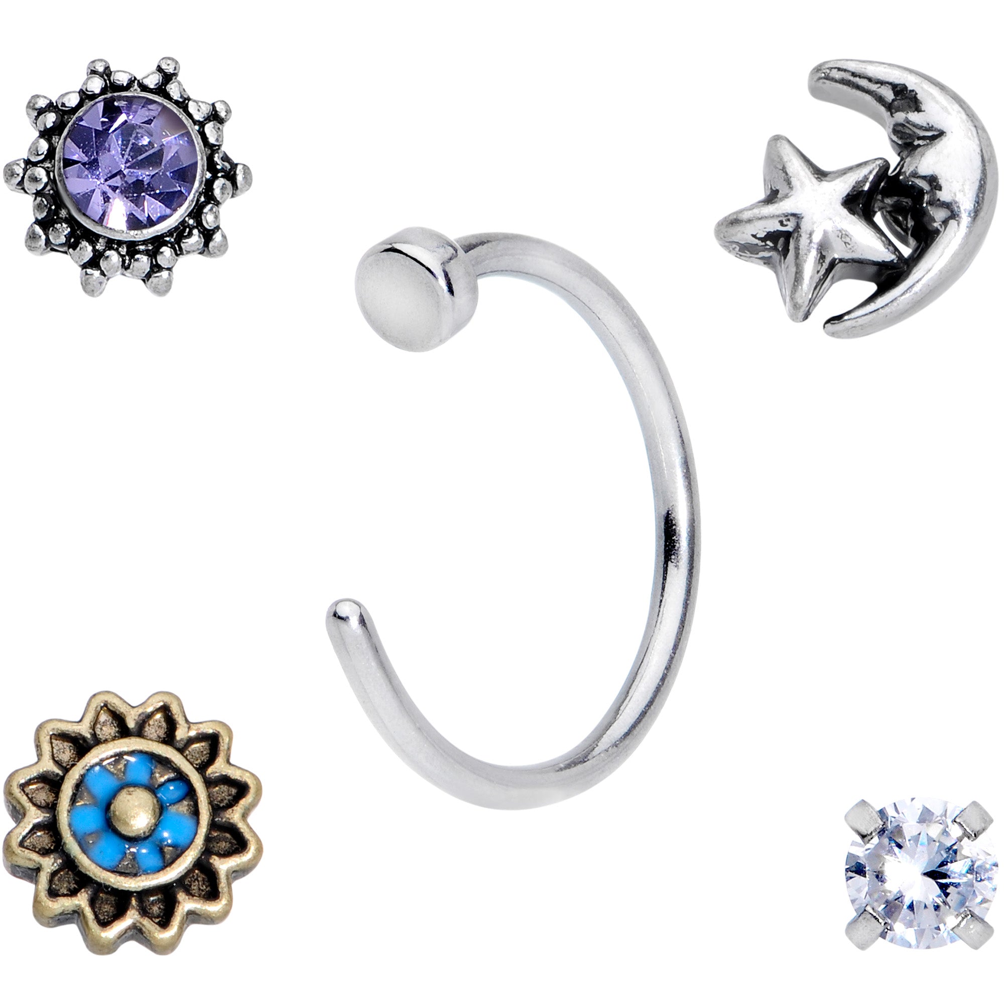 20G Clear CZ Gem Sun Moon Assorted L Shaped Nose Ring Set of 6