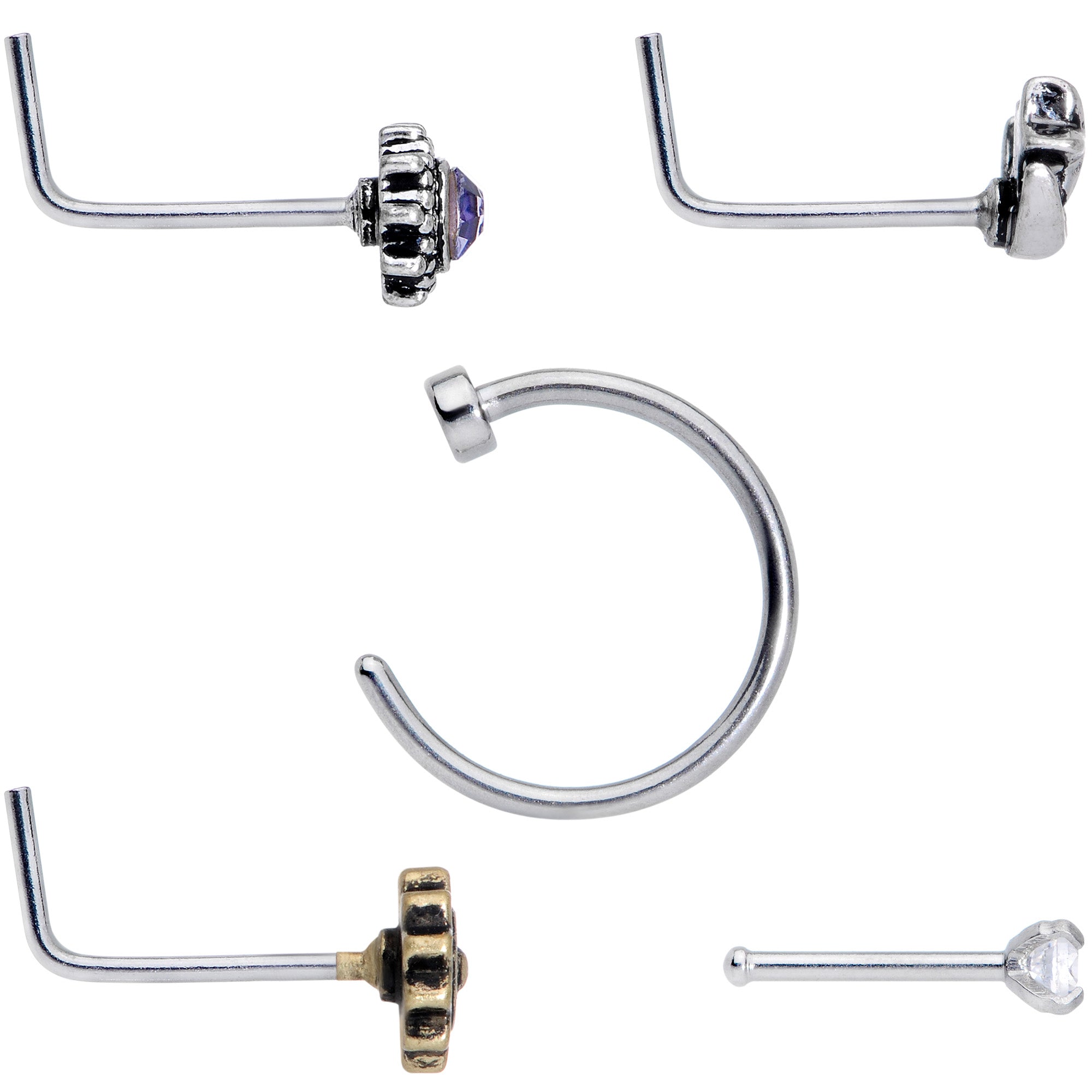 20G Clear CZ Gem Sun Moon Assorted L Shaped Nose Ring Set of 6