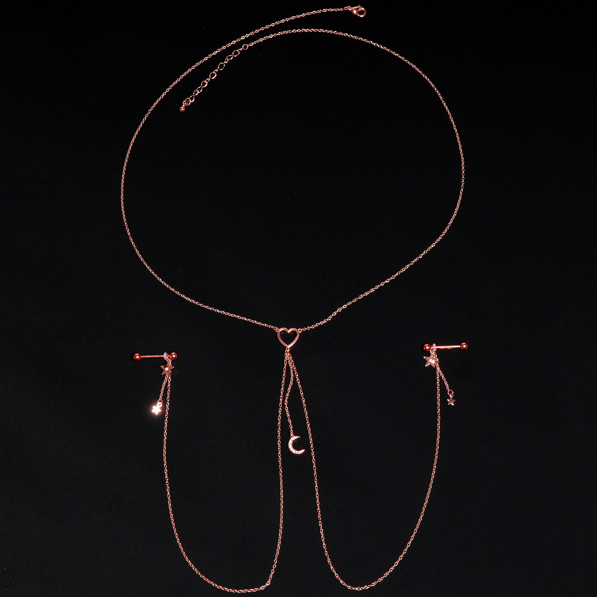 14G 5/8 Aurora Gem Rose Gold Hue Star Moon Nipple Chain Necklace