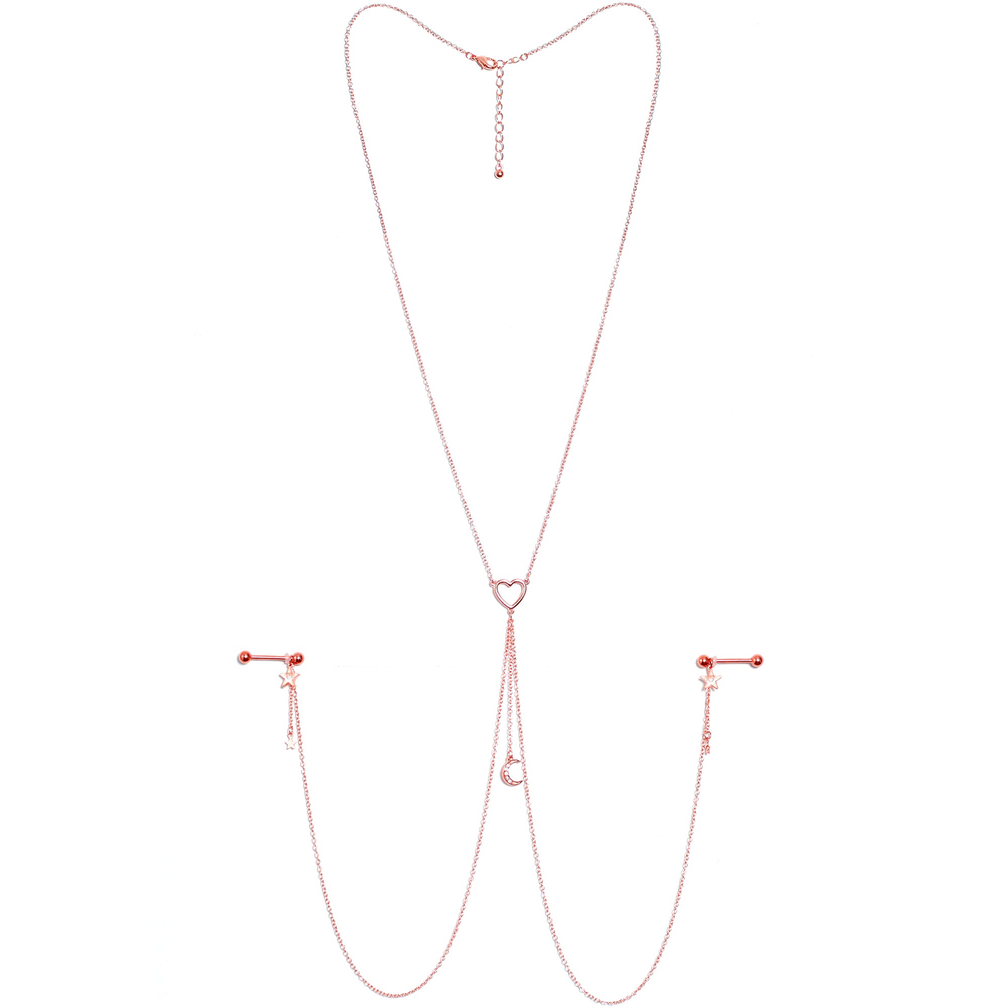 14G 5/8 Aurora Gem Rose Gold Hue Star Moon Nipple Chain Necklace