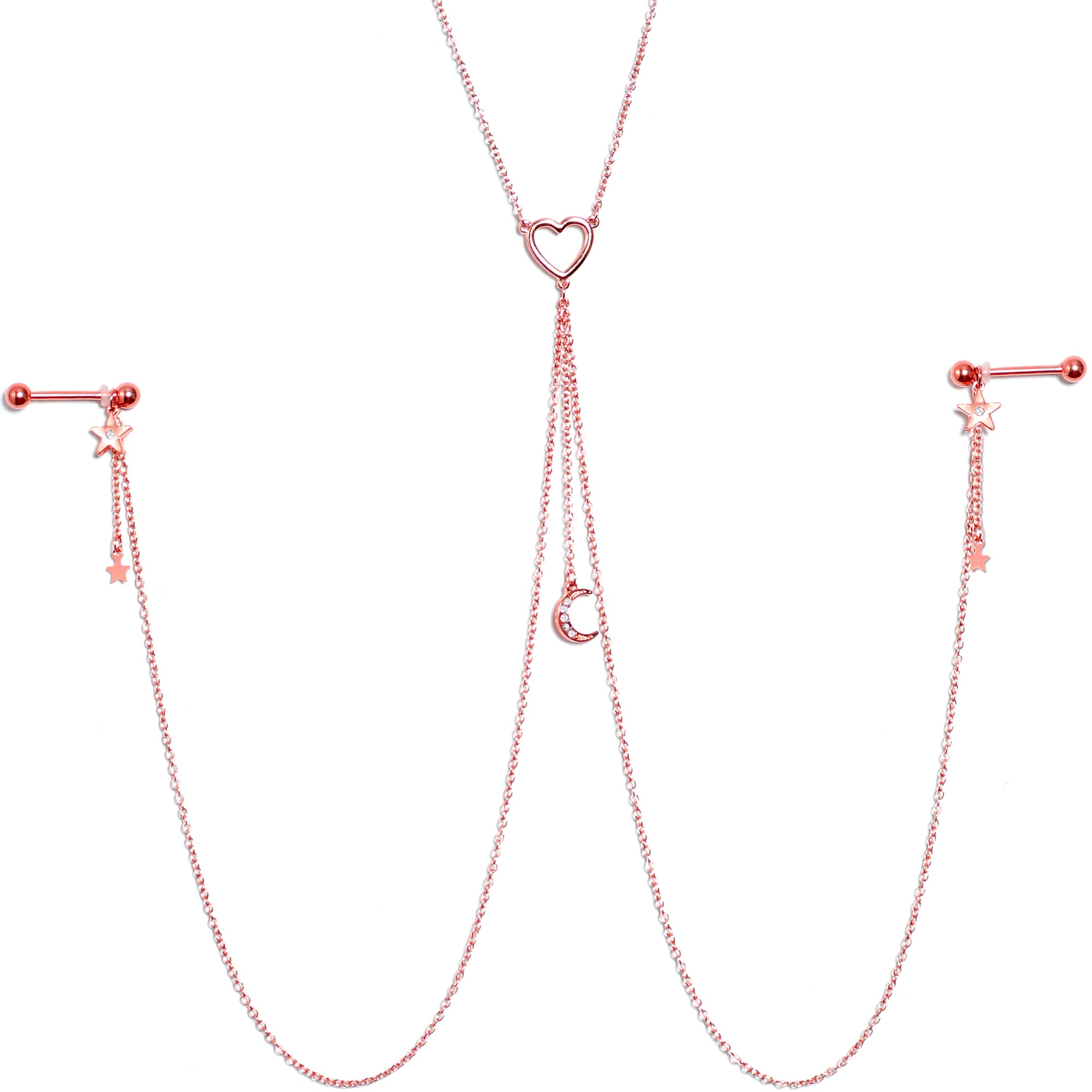 14G 5/8 Clear Gem Rose Gold Hue Star Moon Nipple Chain Necklace