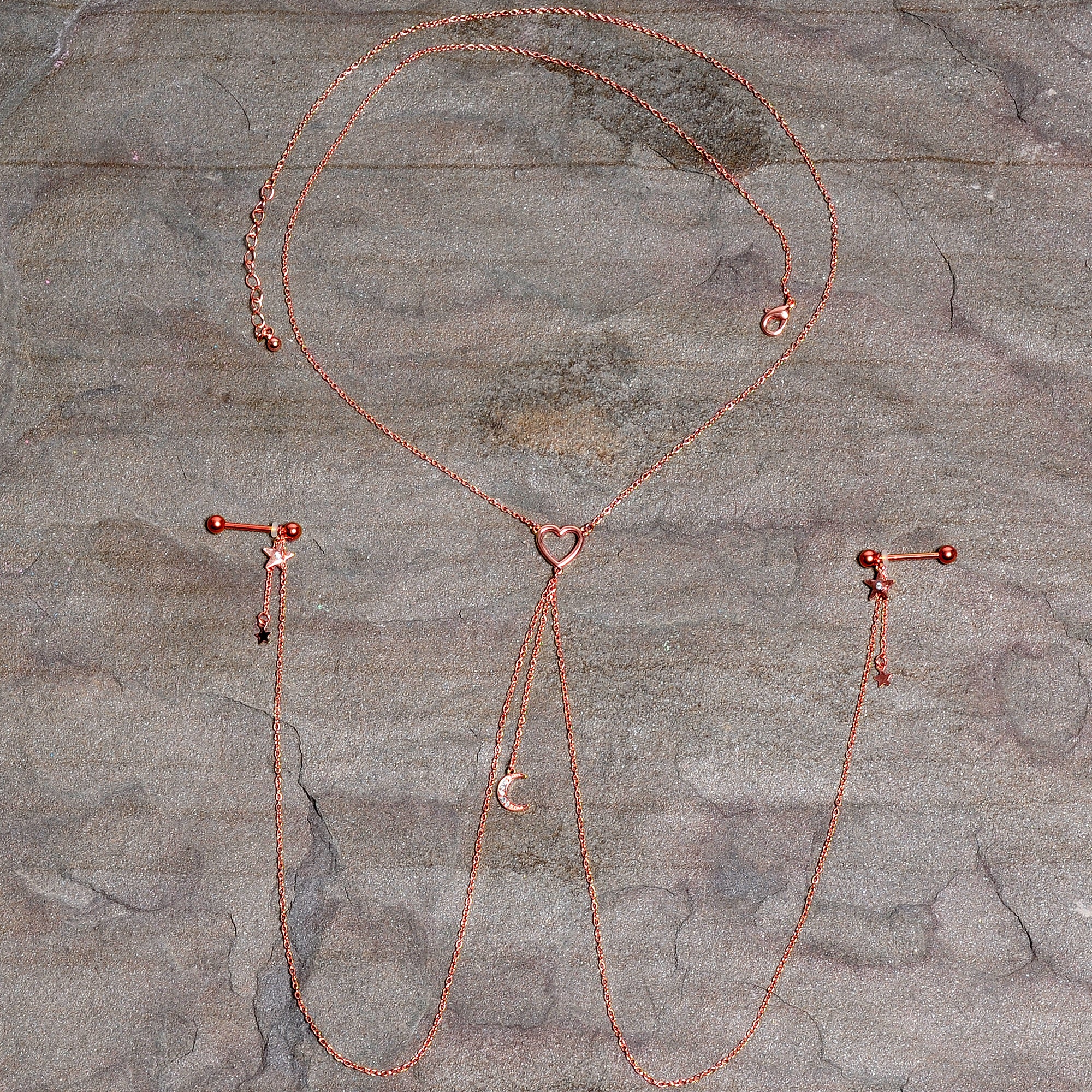 14G 5/8 Clear Gem Rose Gold Hue Star Moon Nipple Chain Necklace