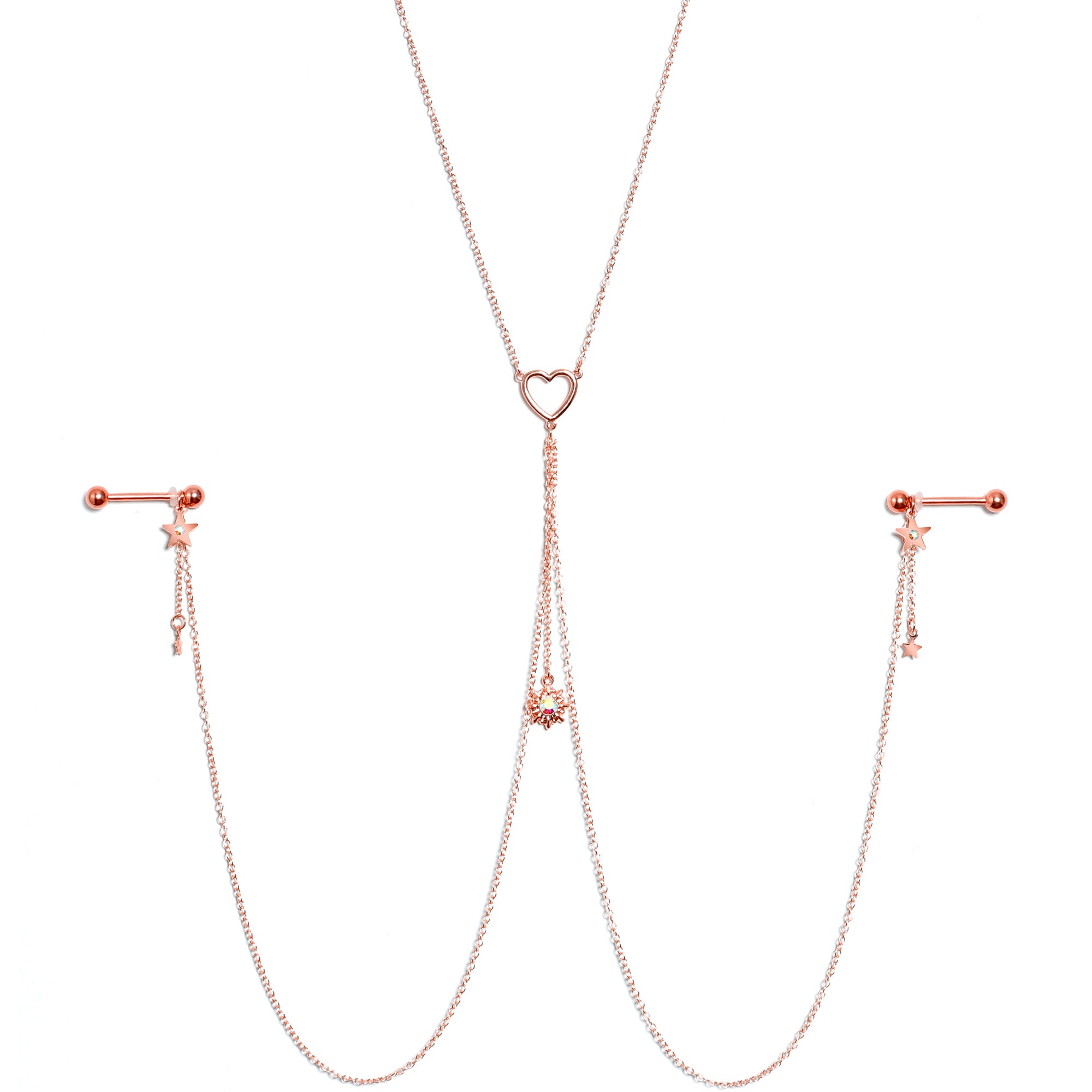 14G 5/8 Aurora Gem Rose Gold Hue Star Sun Nipple Chain Necklace