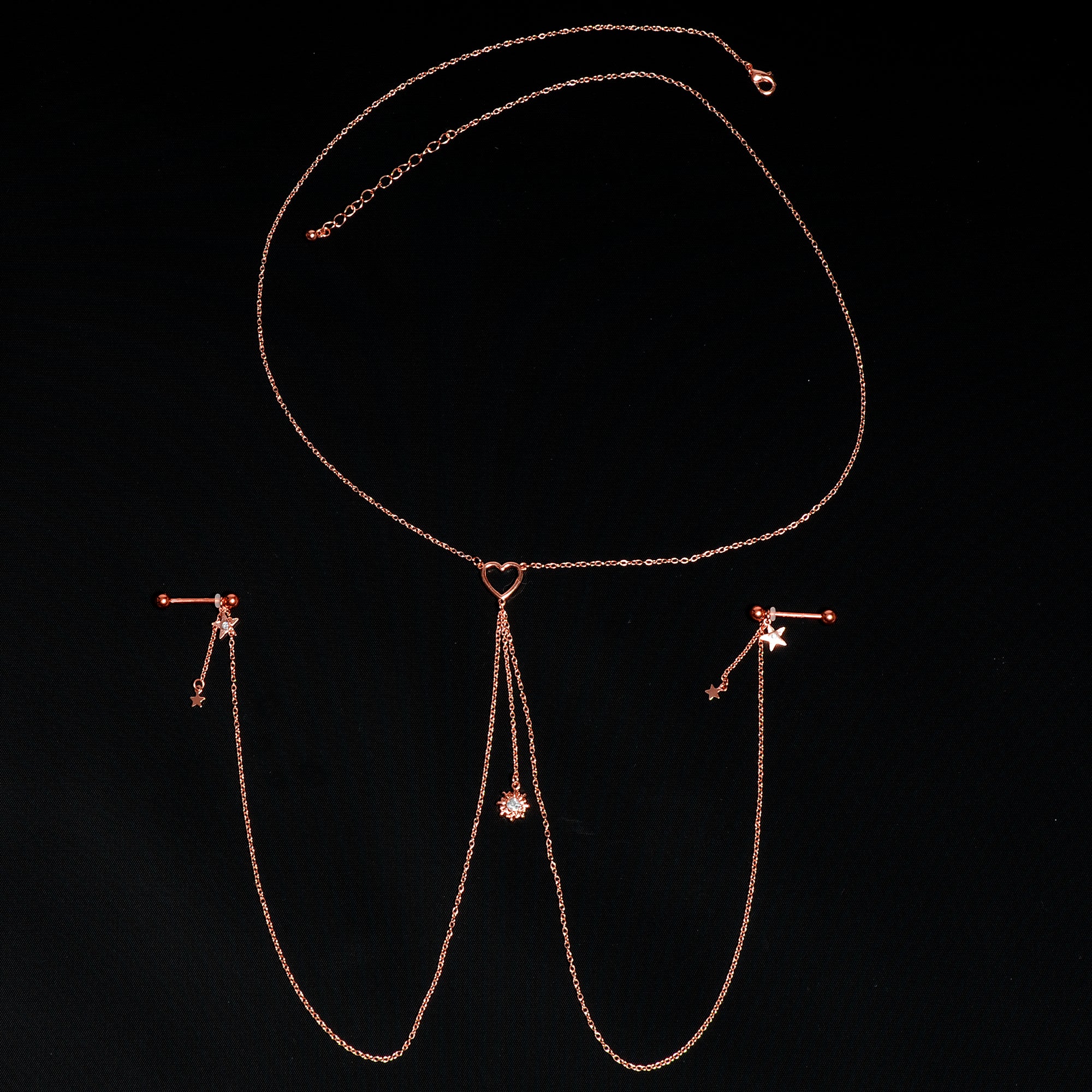 14G 5/8 Clear Gem Rose Gold Hue Star Sun Nipple Chain Necklace