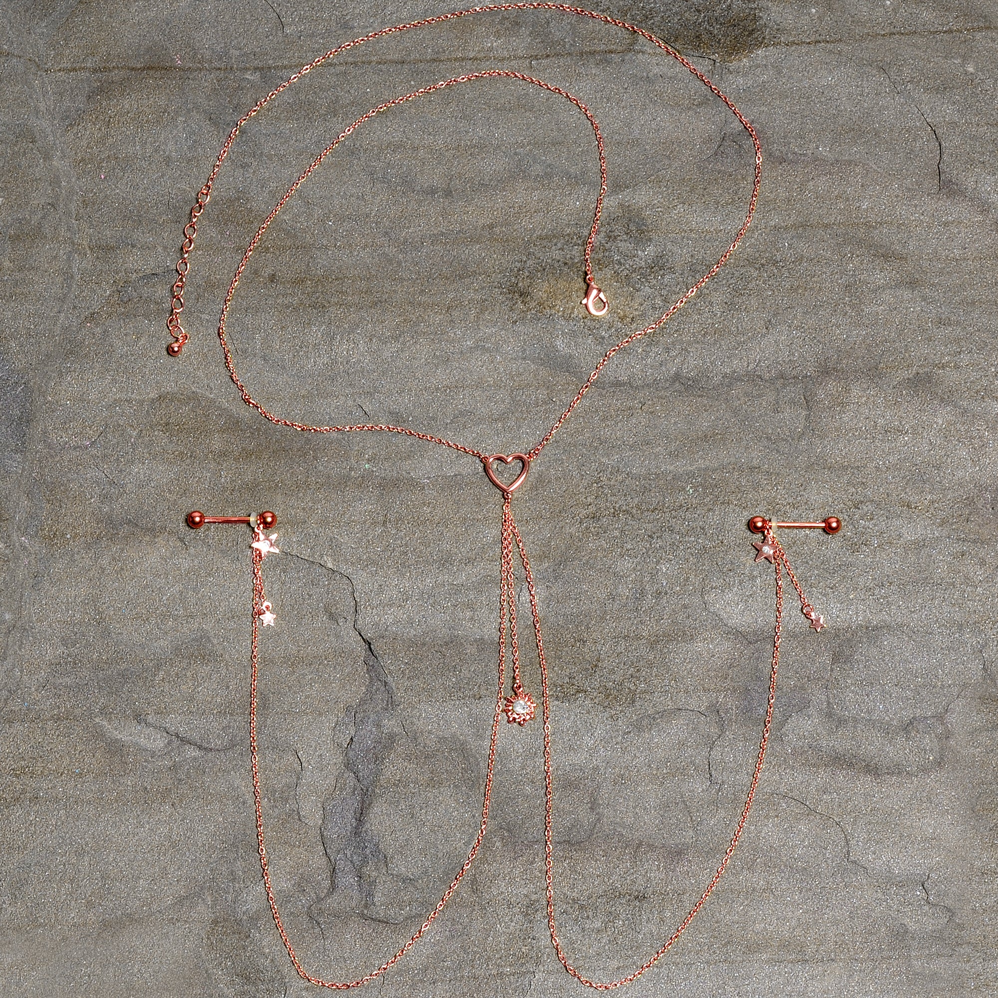 14G 5/8 Clear Gem Rose Gold Hue Star Sun Nipple Chain Necklace