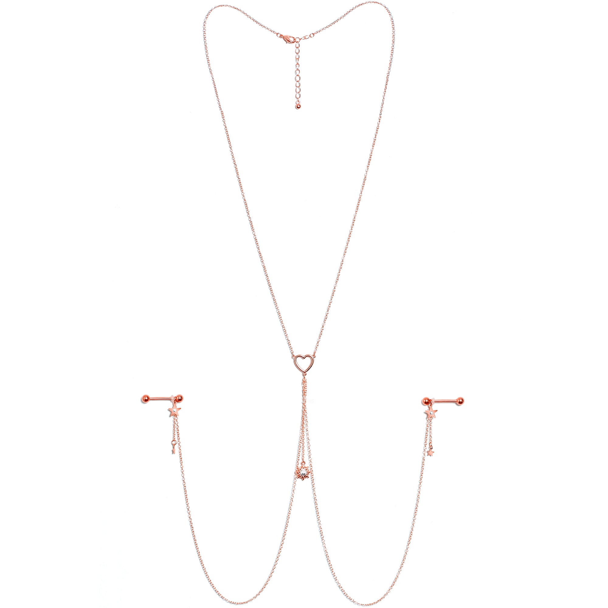 14G 5/8 Clear Gem Rose Gold Hue Star Sun Nipple Chain Necklace