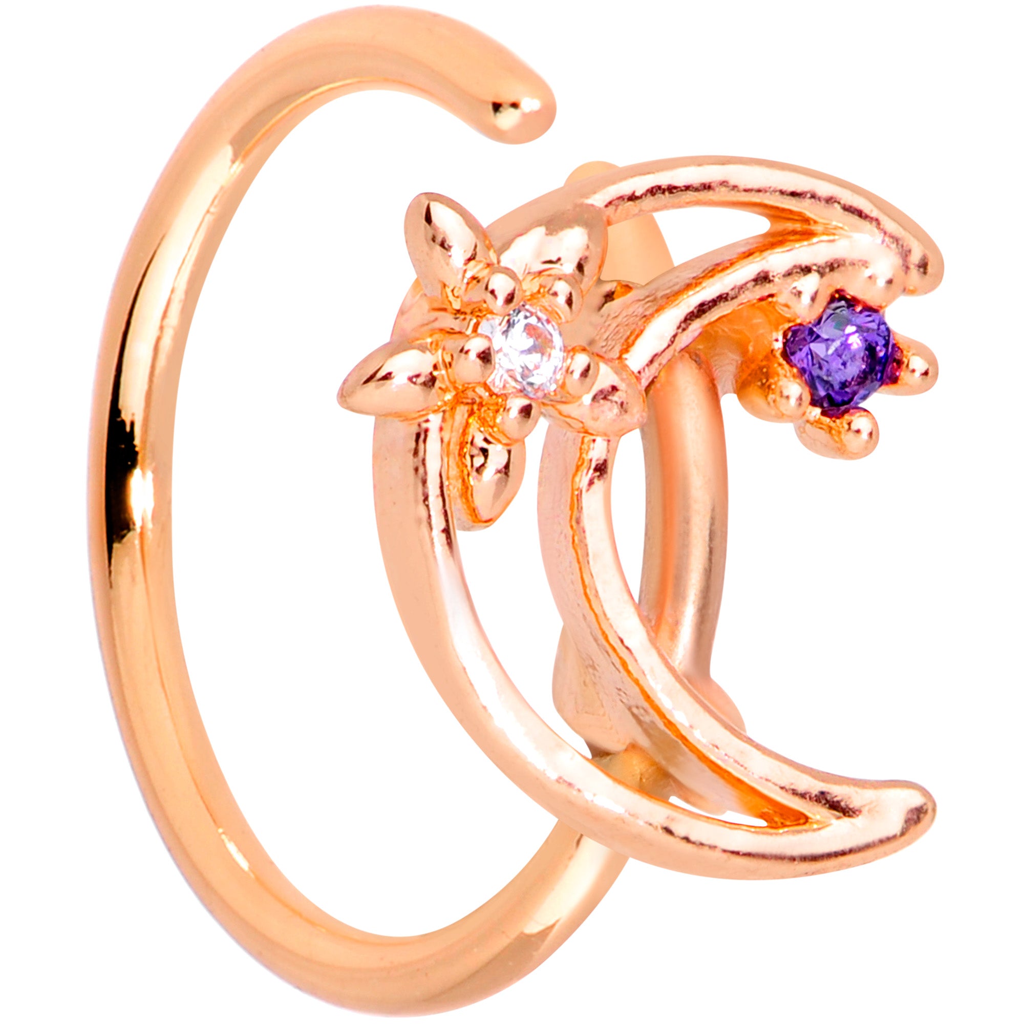 20G 5/16 Clear Blue CZ Gem Rose Gold Tone Moon Nose Hoop