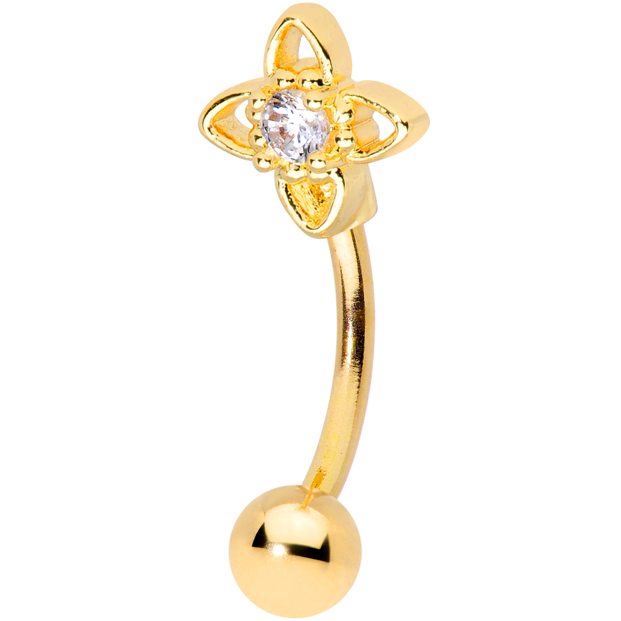 16G 5/16 Clear CZ Gem Gold Tone Open Flower Curved Eyebrow Ring