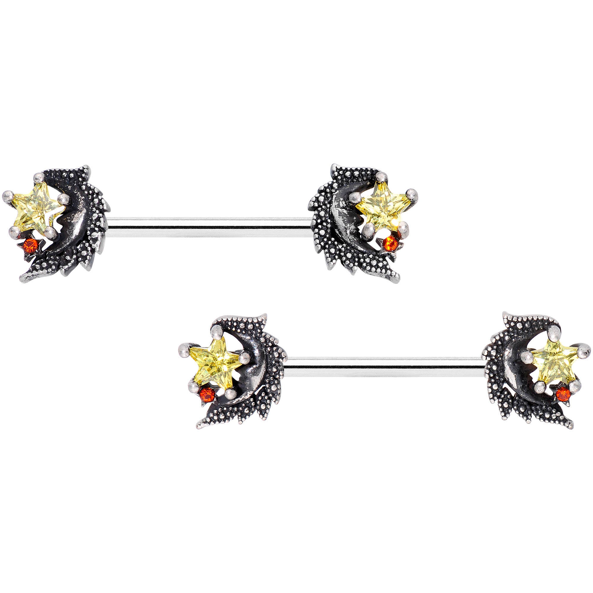 14G 9/16 Red Yellow Gem Shooting Star Barbell Nipple Ring Set