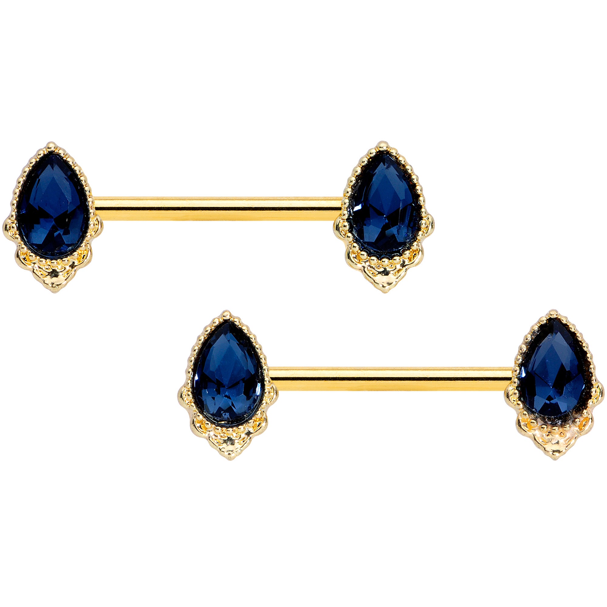 14G 9/16 Blue Gem Gold Tone Noble Drop Barbell Nipple Ring Set