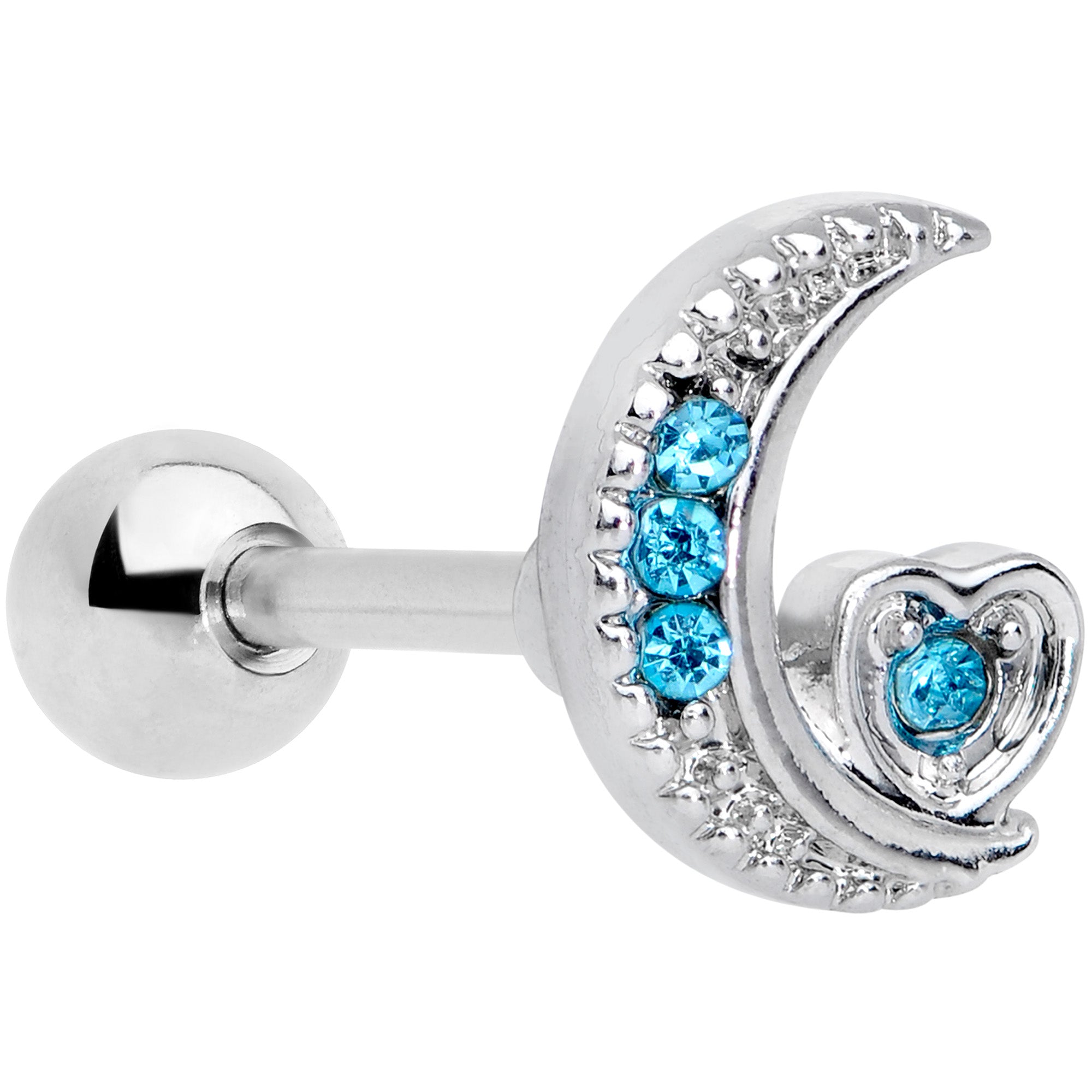16G 1/4 Blue CZ Gem Moon and Heart Cartilage Tragus Earring