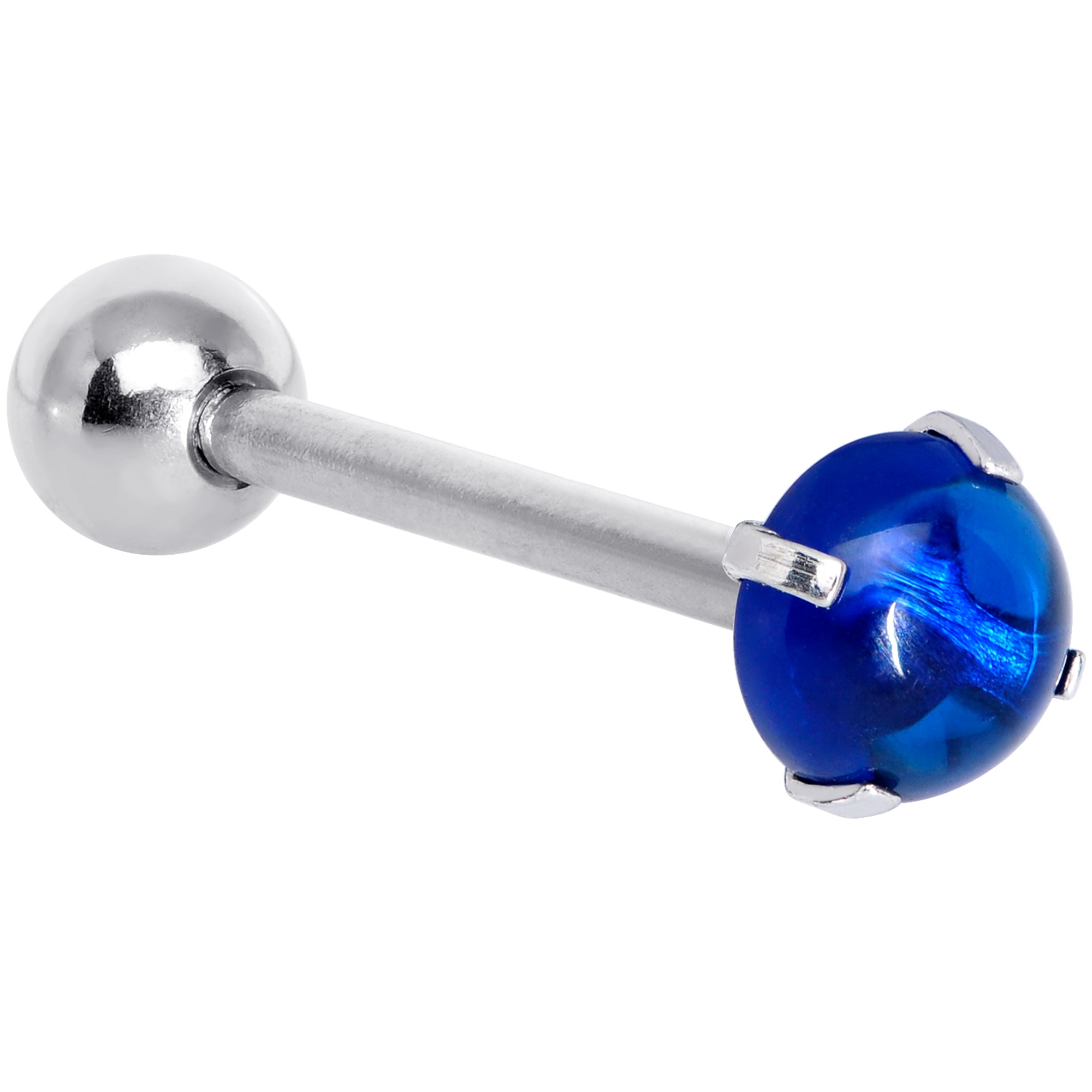 Blue CZ Gem Smooth Hemisphere Barbell Tongue Ring