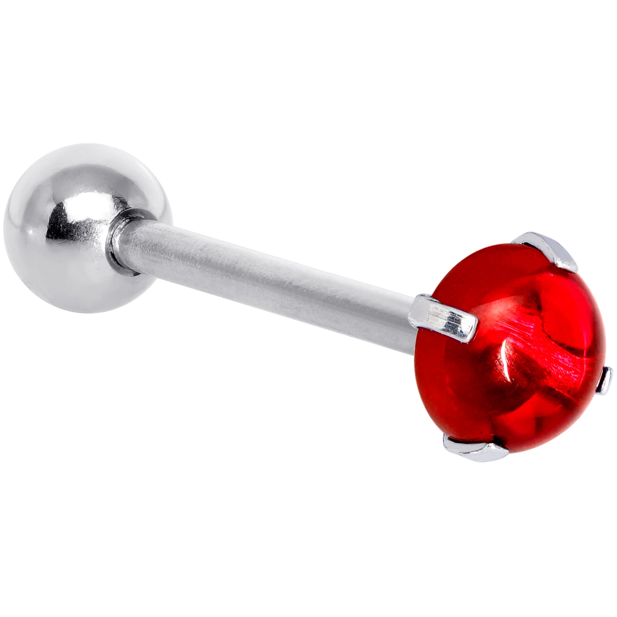 Red CZ Gem Smooth Hemisphere Barbell Tongue Ring