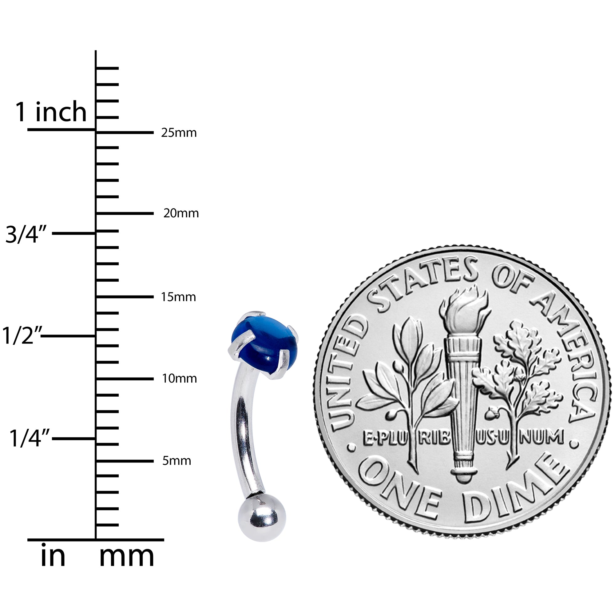 16G 5/16 Blue CZ Gem Internally Threaded Curved Eyebrow Ring