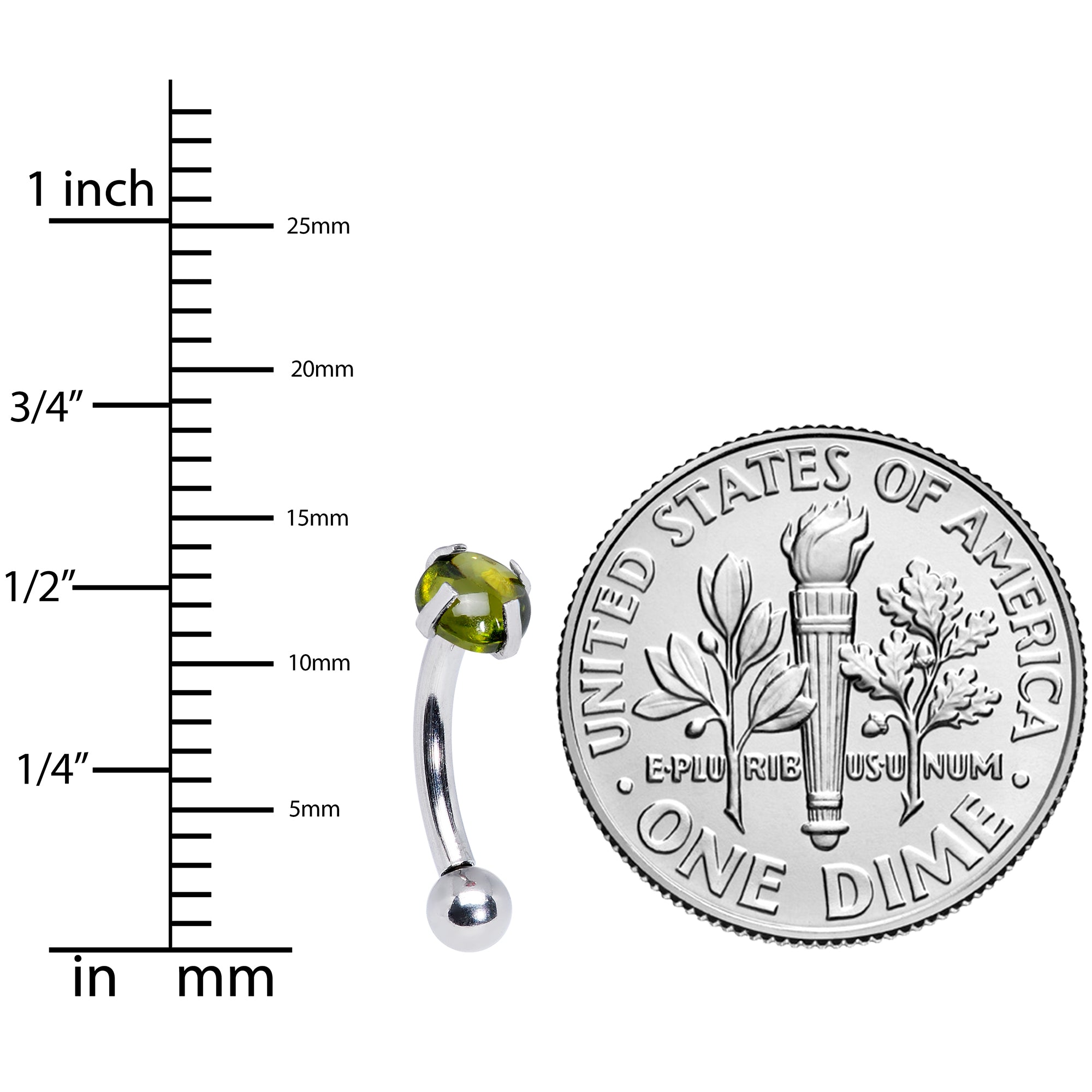 16G 5/16 Green CZ Gem Internally Threaded Curved Eyebrow Ring