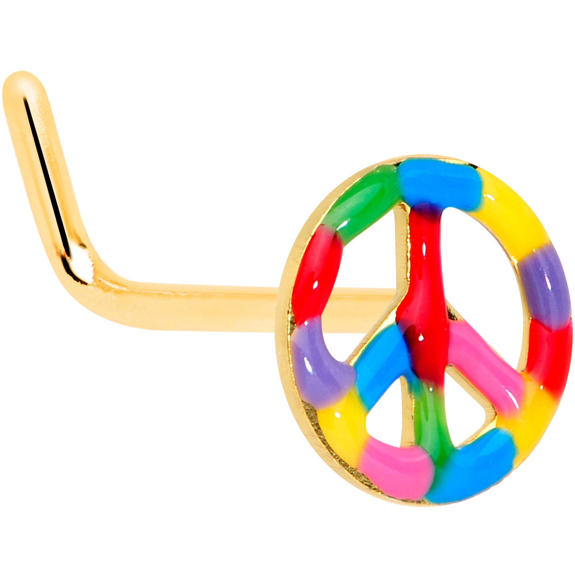 22G 5/16 Gold Tone Rainbow Hippie Peace Sign L Shaped Nose Ring