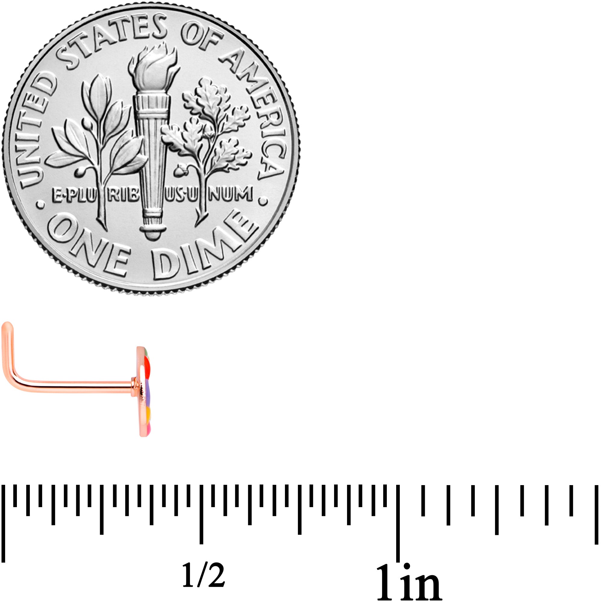 20G 5/16 Rose Gold Tone Rainbow Peace Sign L Shaped Nose Ring