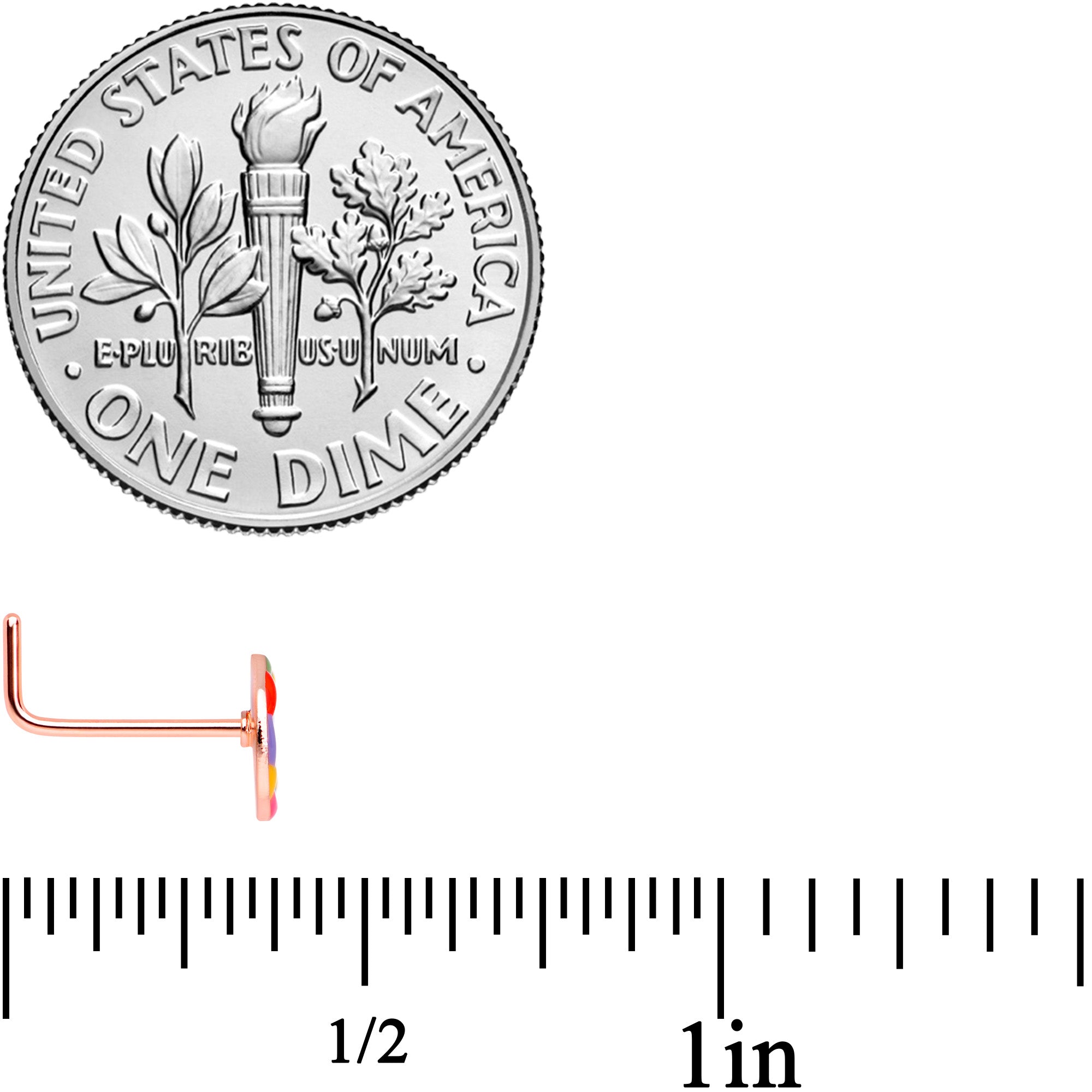 22G 5/16 Rose Gold Tone Rainbow Peace Sign L Shaped Nose Ring