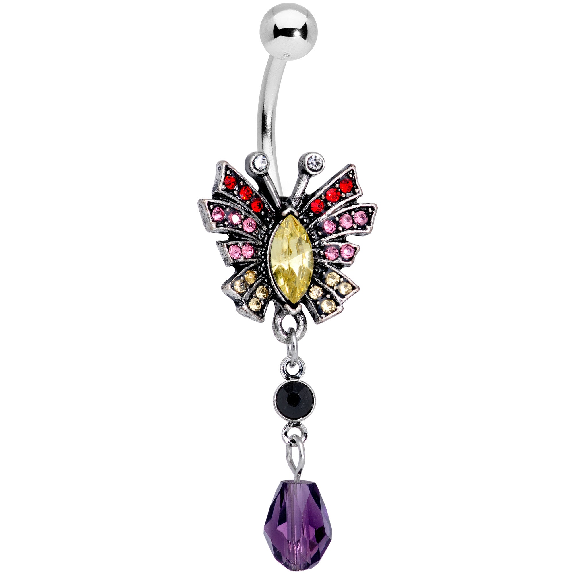 Red Yellow Purple Art Deco Butterfly Dangle Belly Ring