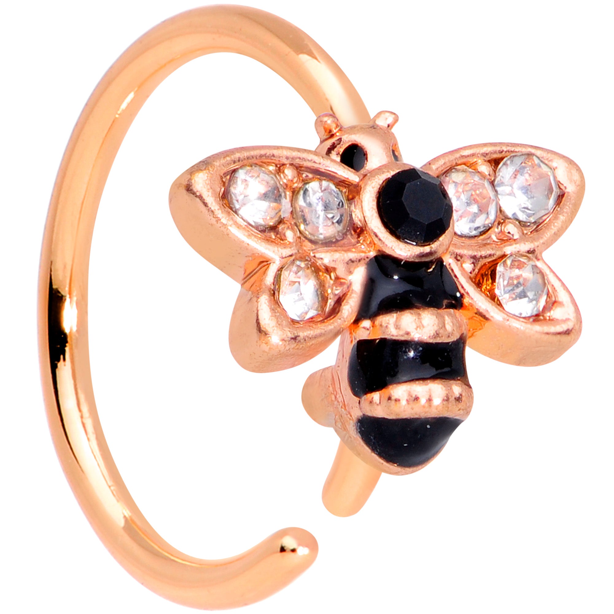 20G 5/16 Clear Black Gem Rose Gold Tone Bee Nose Hoop
