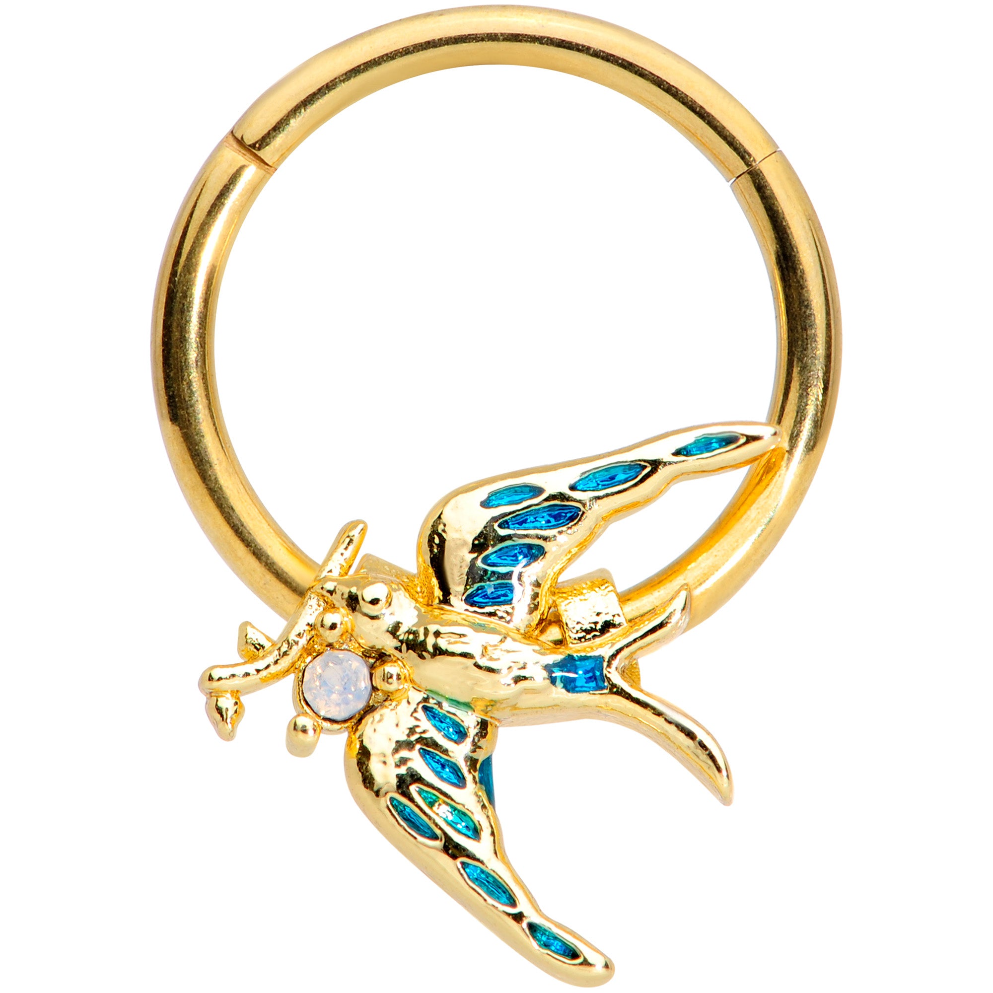 16G 3/8 White Faux Opal Gold Hue Swallow Bird Hinged Segment Ring