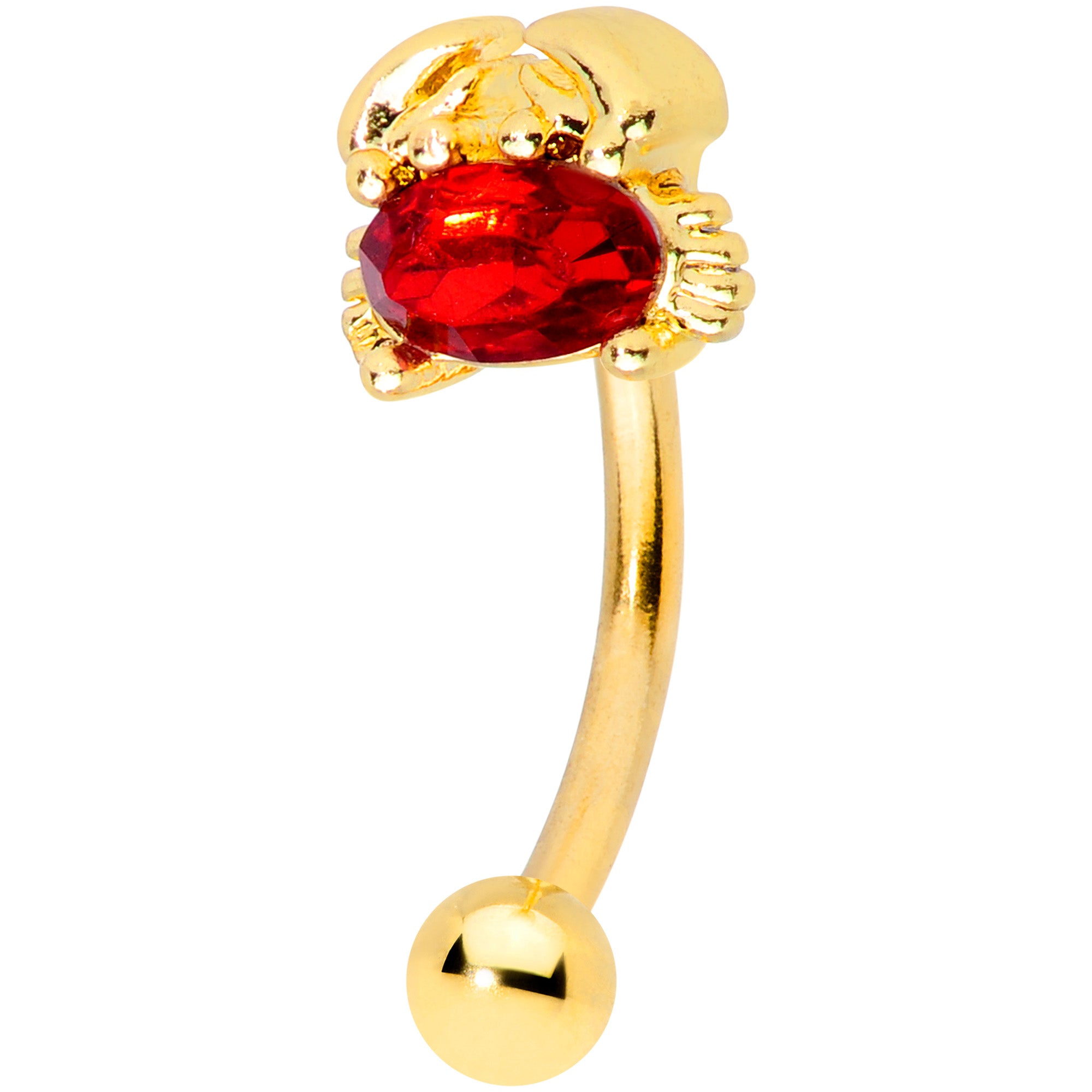 16G 5/16 Red Gem Gold Tone Nautical Crab Curved Eyebrow Ring