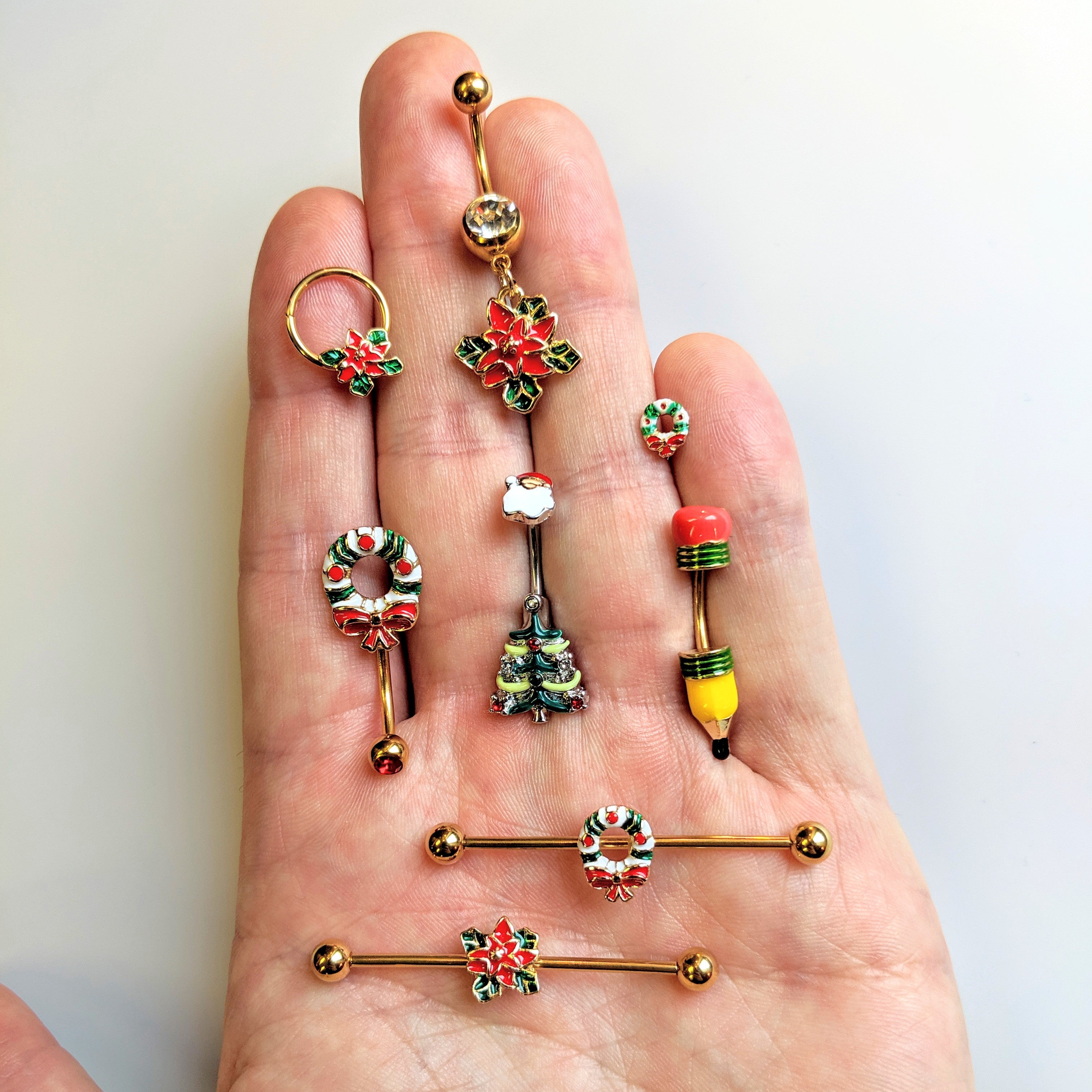 Clear Gem Gold Tone Poinsettia Christmas Dangle Belly Ring