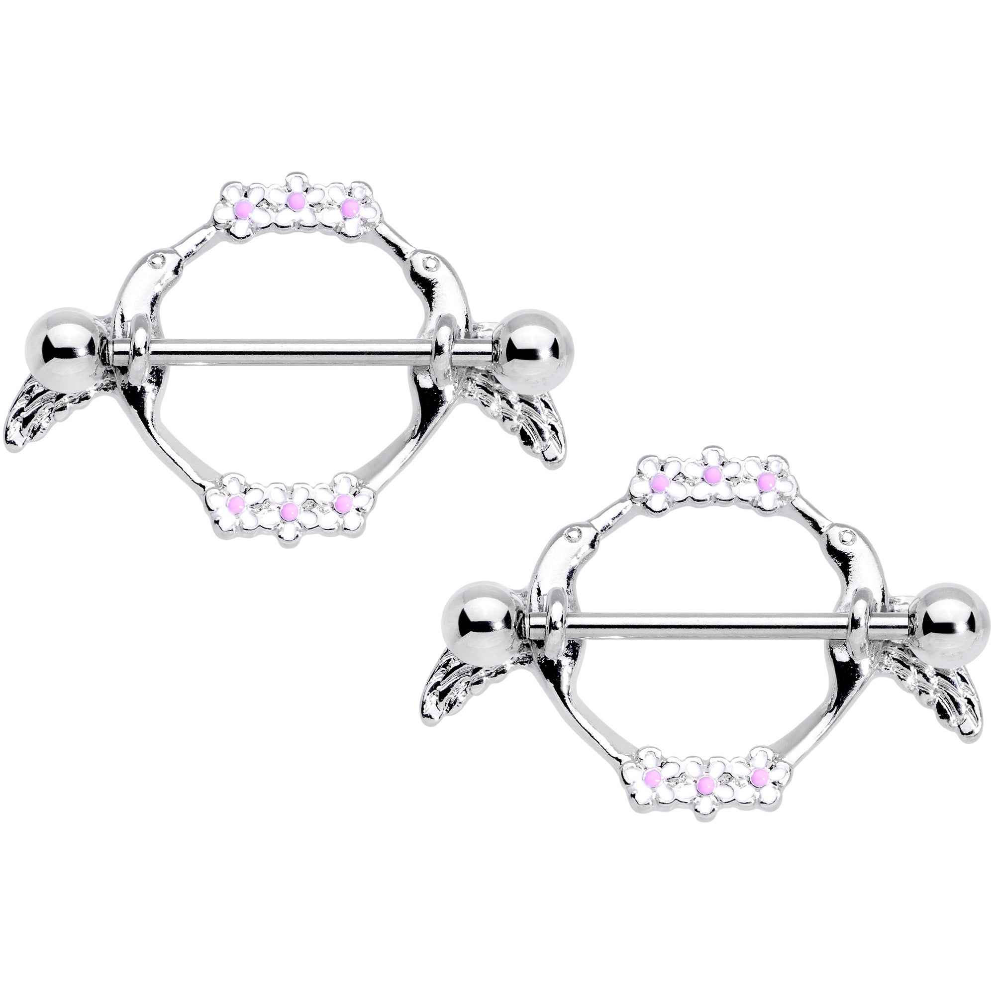 14G 9/16 Pink White Flower Hummingbird Nipple Shield Set