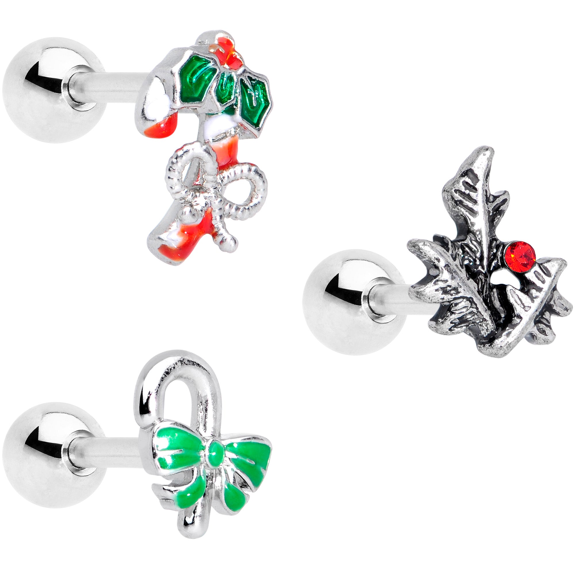 16G 1/4 Holly Candy Cane Christmas Cartilage Tragus Set of 3