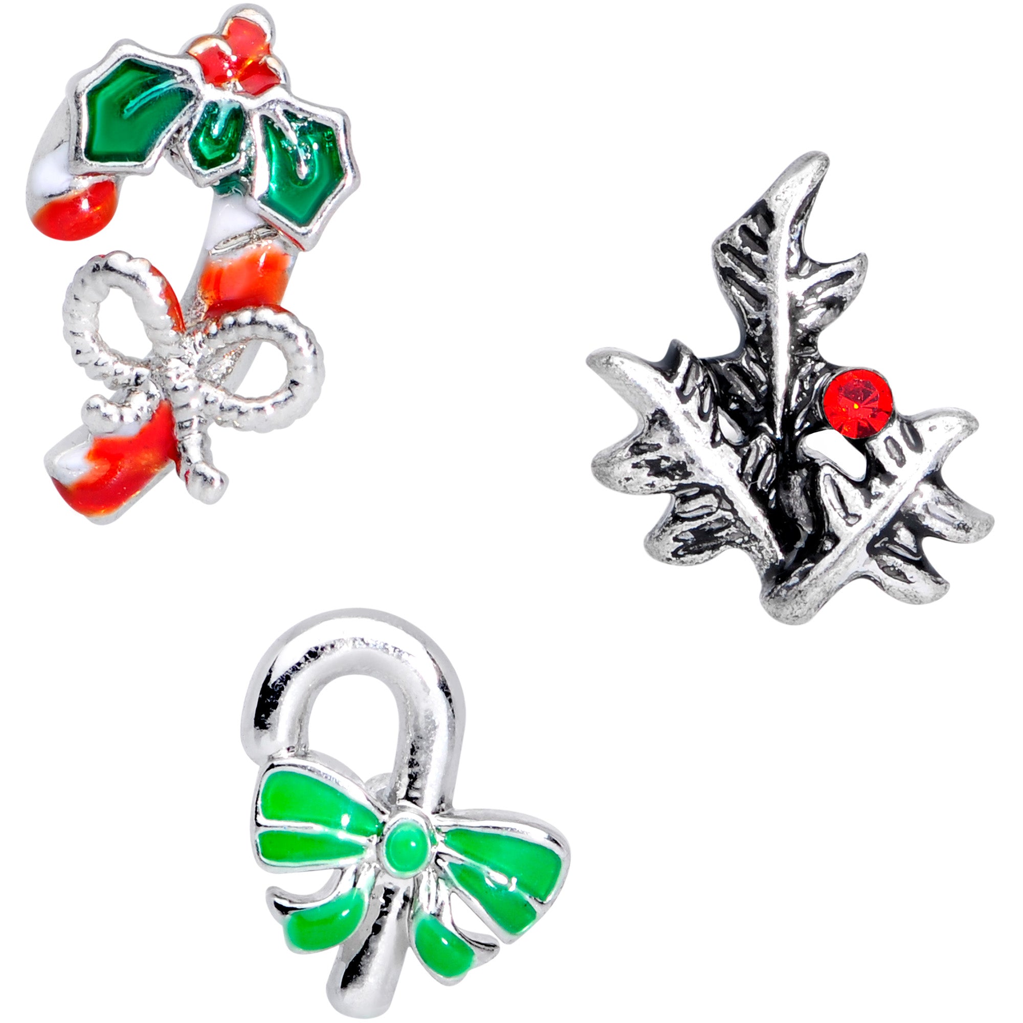 16G 1/4 Holly Candy Cane Christmas Cartilage Tragus Set of 3
