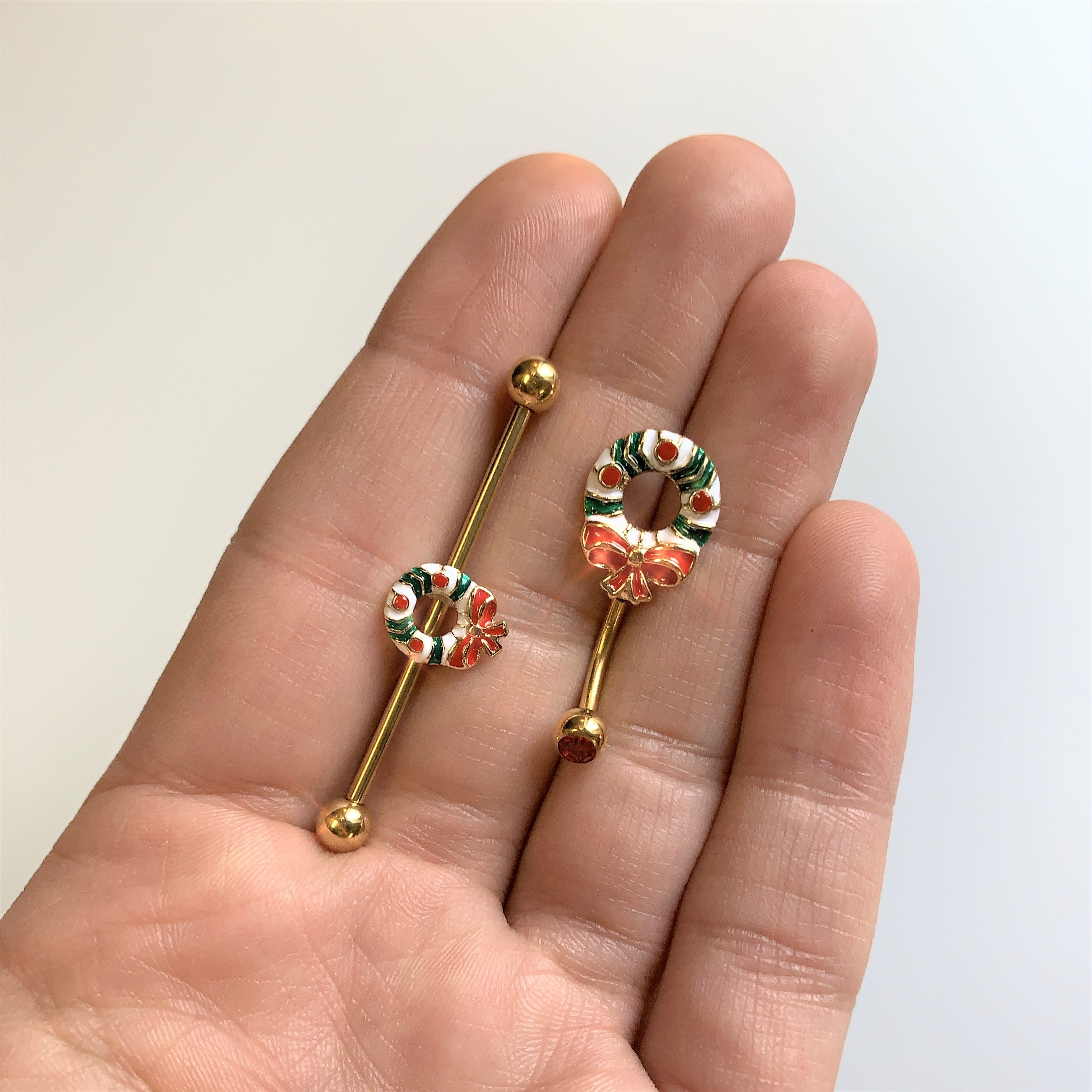 14G Gold Tone PVD Christmas Wreath Industrial Barbell 38mm