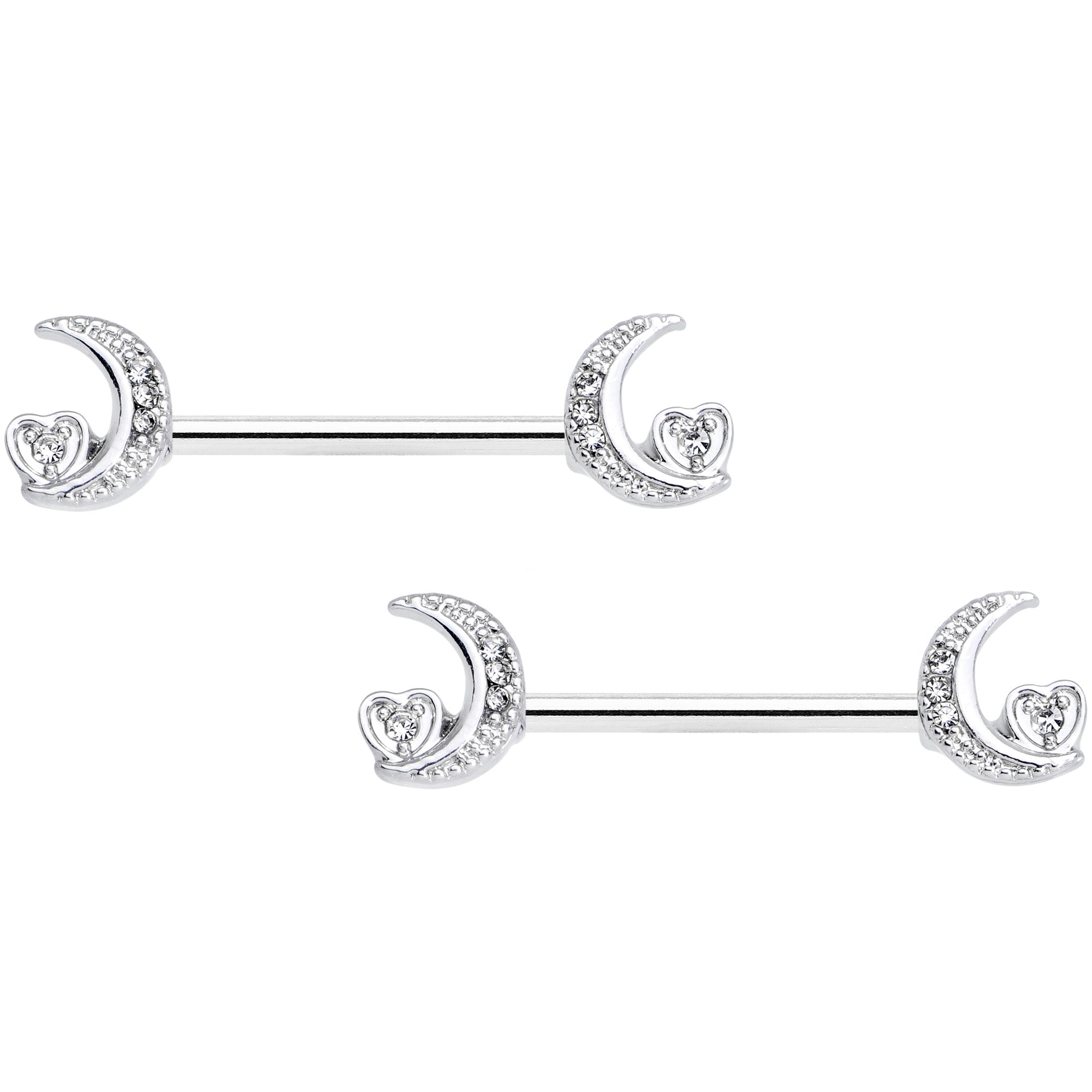 14G 9/16 Clear CZ Gem Moon Heart Barbell Nipple Ring Set