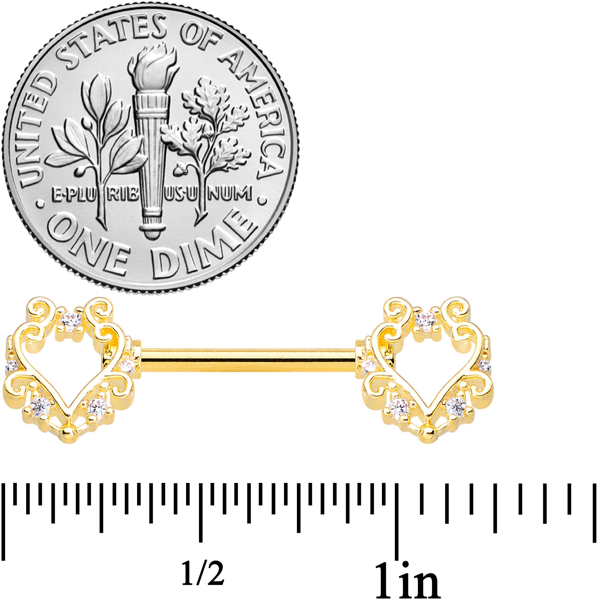 14G 9/16 Clear CZ Gem Gold Hue Fancy Heart Barbell Nipple Ring Set