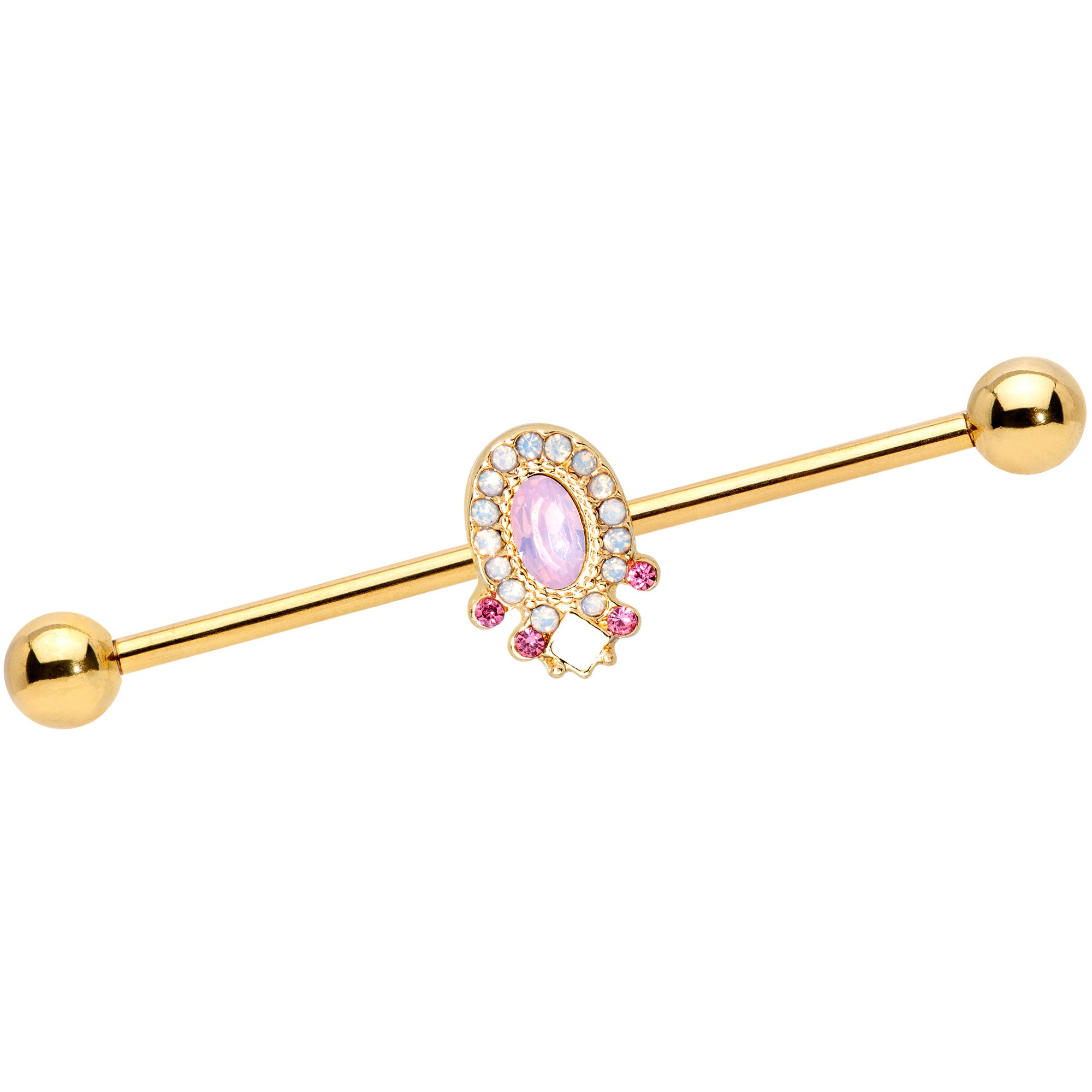 14G Pink Gem White Faux Opal Gold Tone Industrial Barbell 38mm