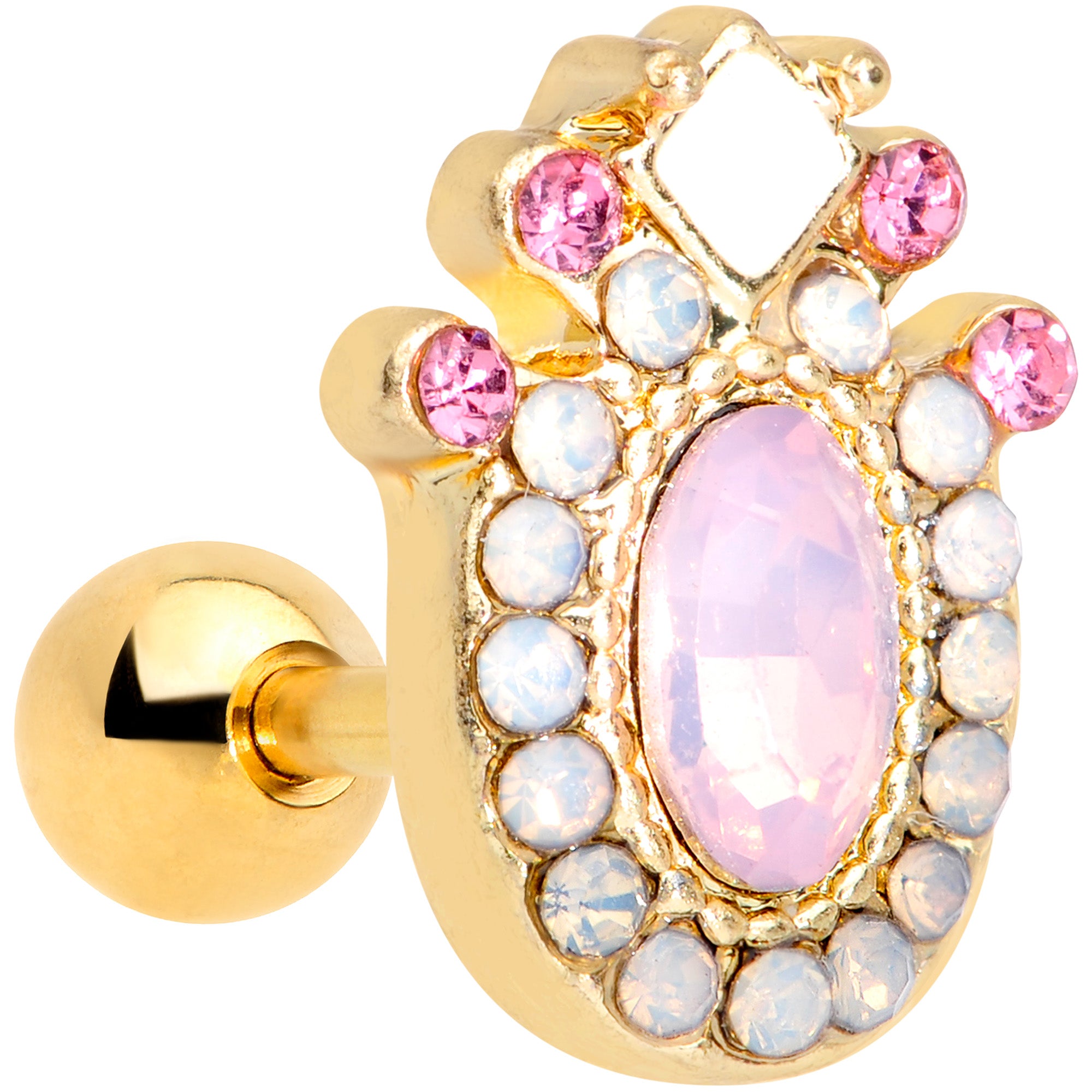 16G 1/4 Pink Gem White Faux Opal Gold Tone Cartilage Tragus