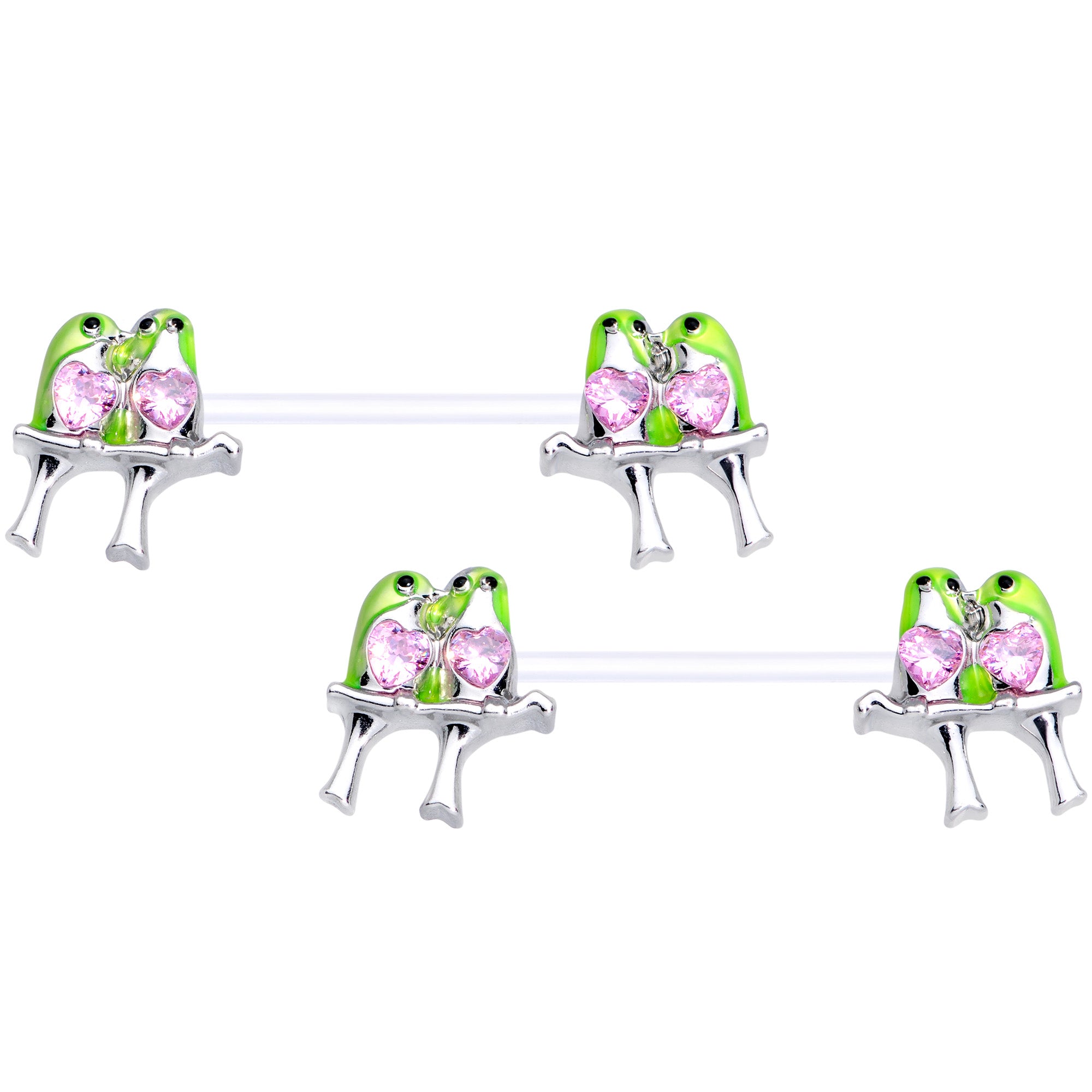 14G 9/16 Pink Gem Bioplast Green Lovebirds Barbell Nipple Ring Set