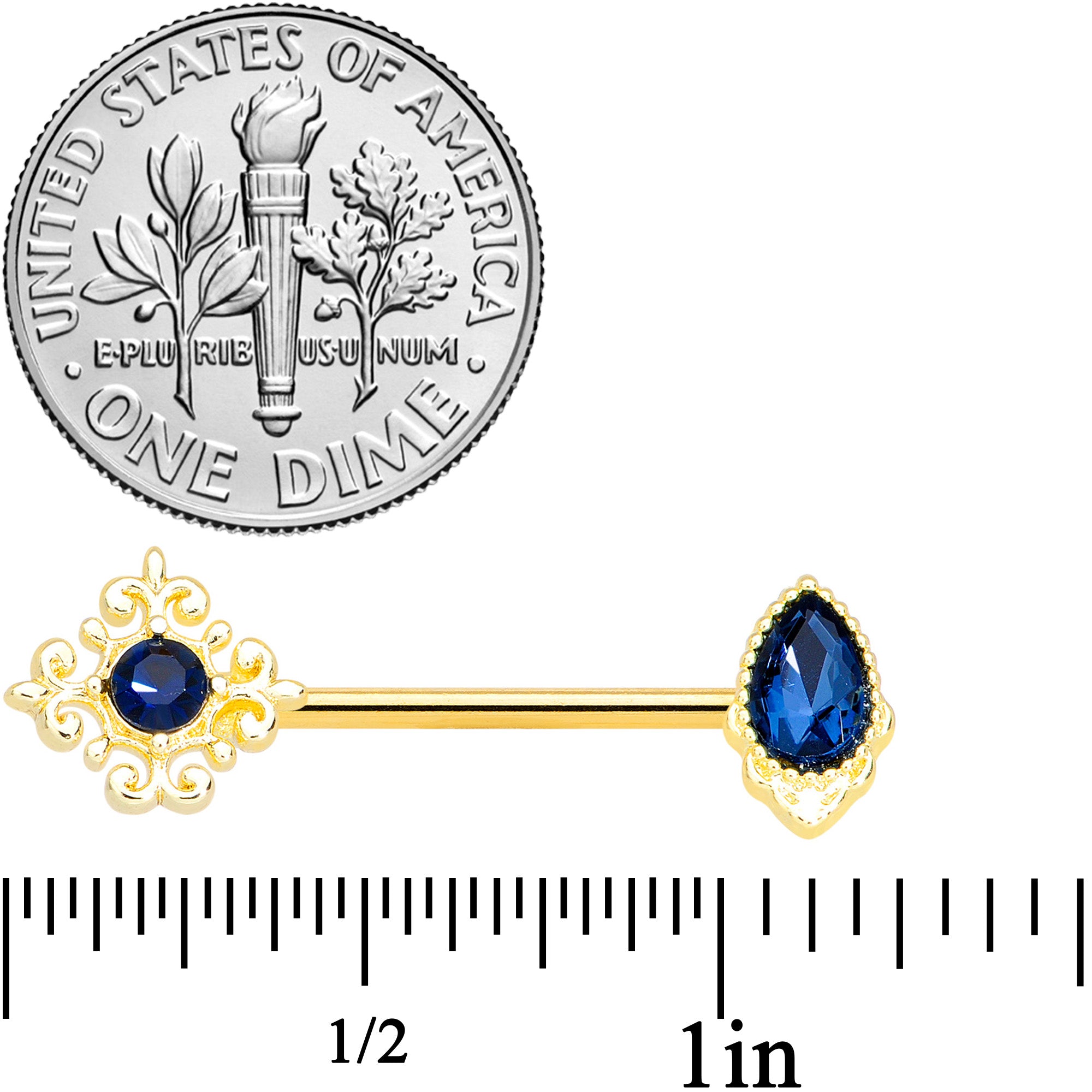 14G 9/16 Blue Gem Gold Tone Noble Barbell Nipple Ring Set