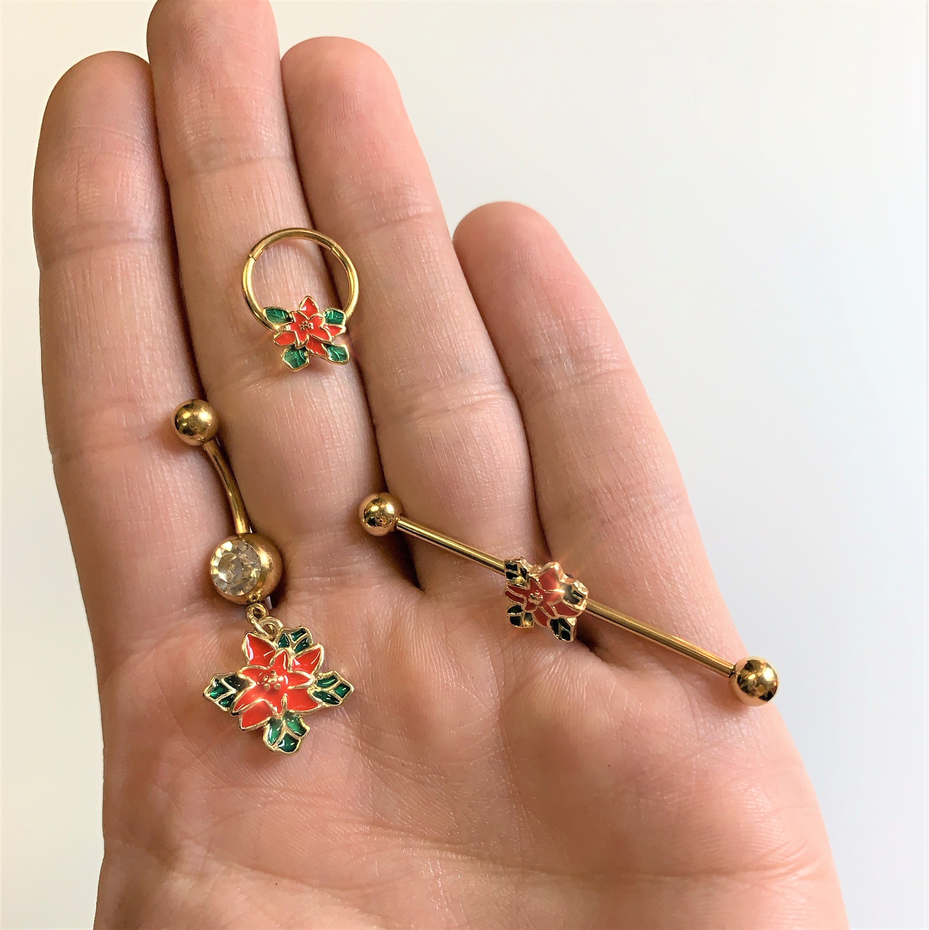 14G Gold Tone PVD Poinsettia Christmas Industrial Barbell 38mm