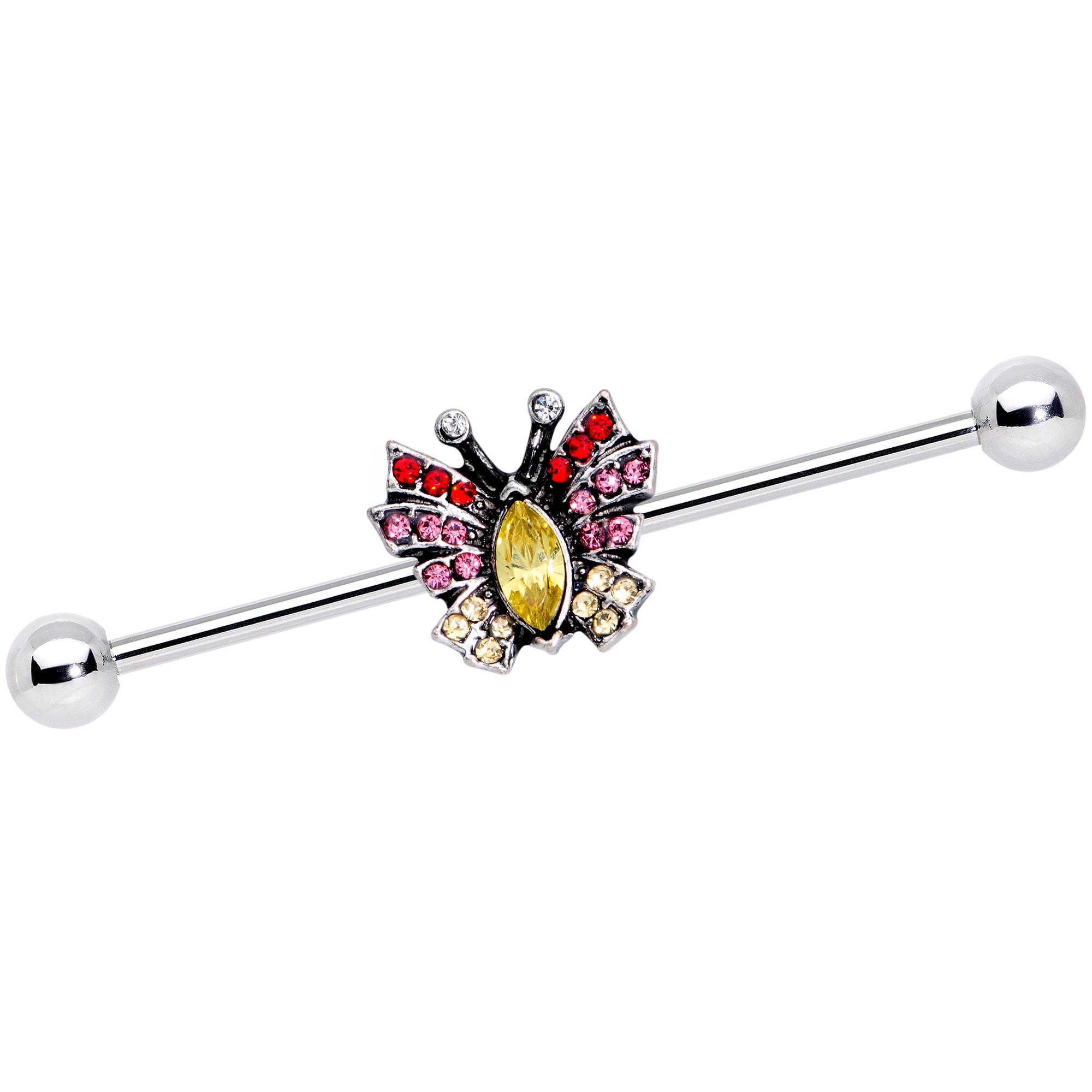 14G Red Yellow Pink Gem Art Deco Butterfly Industrial Barbell 38mm