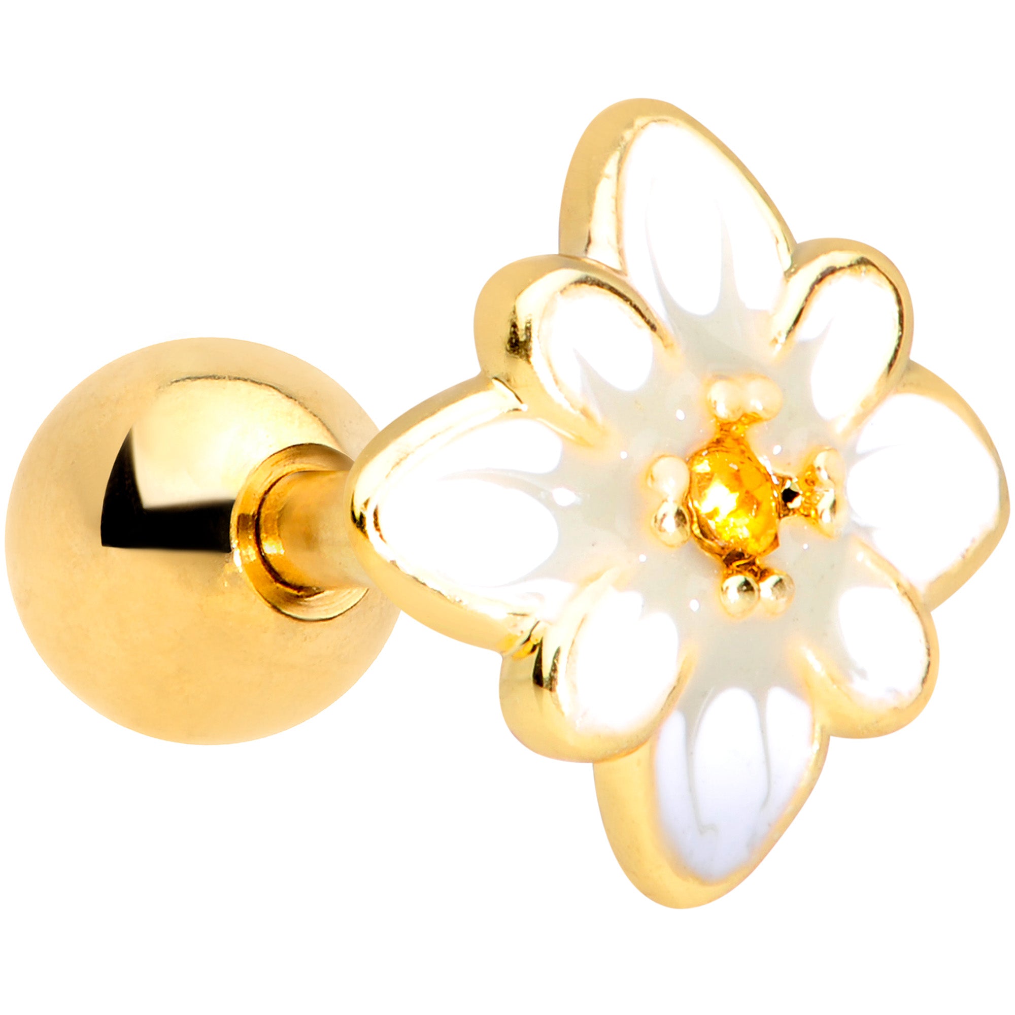 16G 1/4 Yellow Gem Gold Tone White Flower Cartilage Tragus