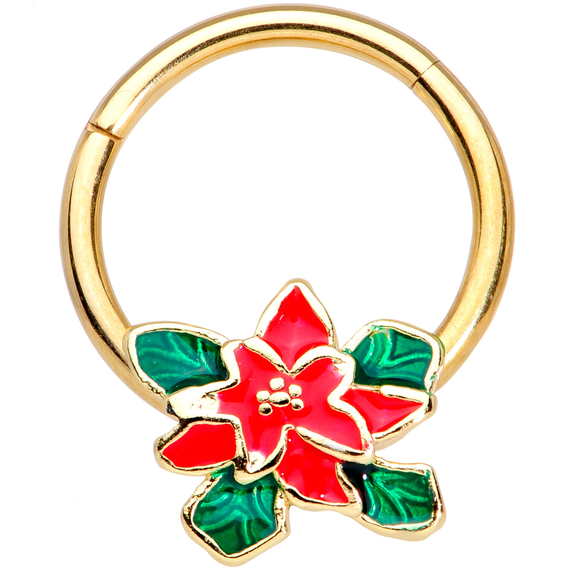 16G 3/8 Gold Tone Poinsettia Christmas Hinged Segment Ring
