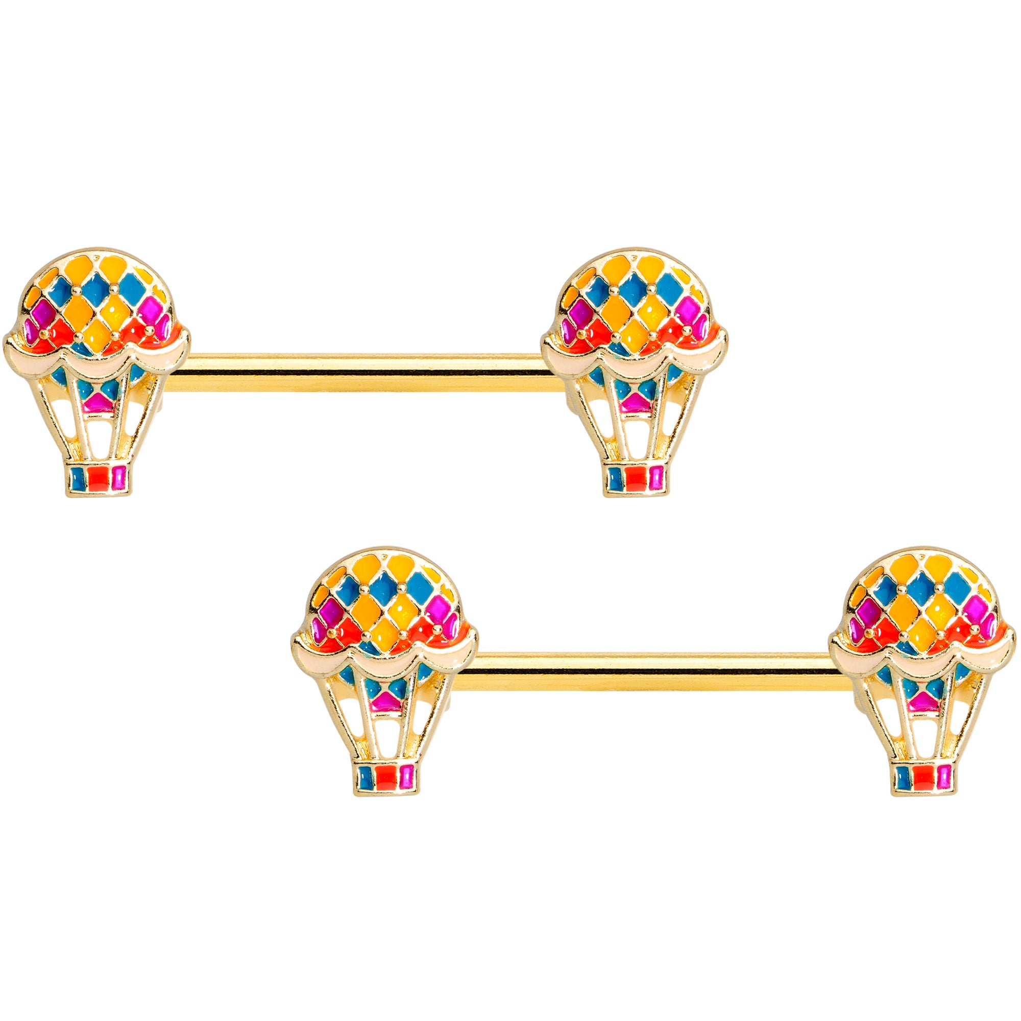 14G 9/16 Gold Tone Red Hot Air Balloon Barbell Nipple Ring Set
