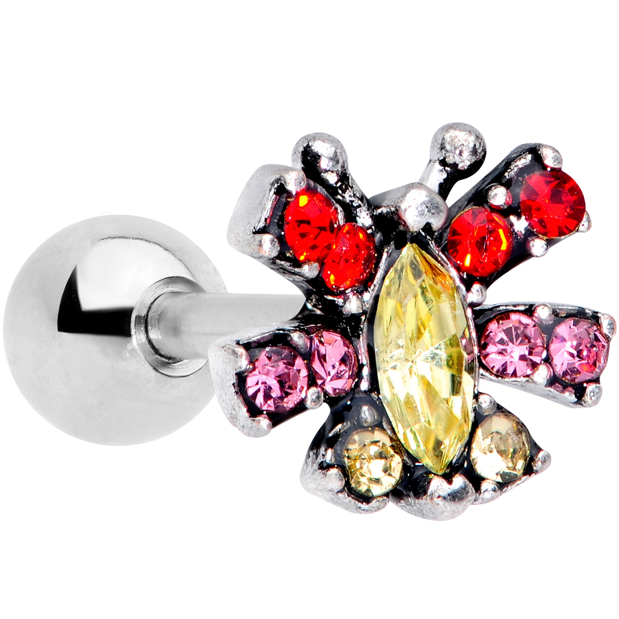 16G 1/4 Red Yellow Gem Art Deco Butterfly Cartilage Tragus