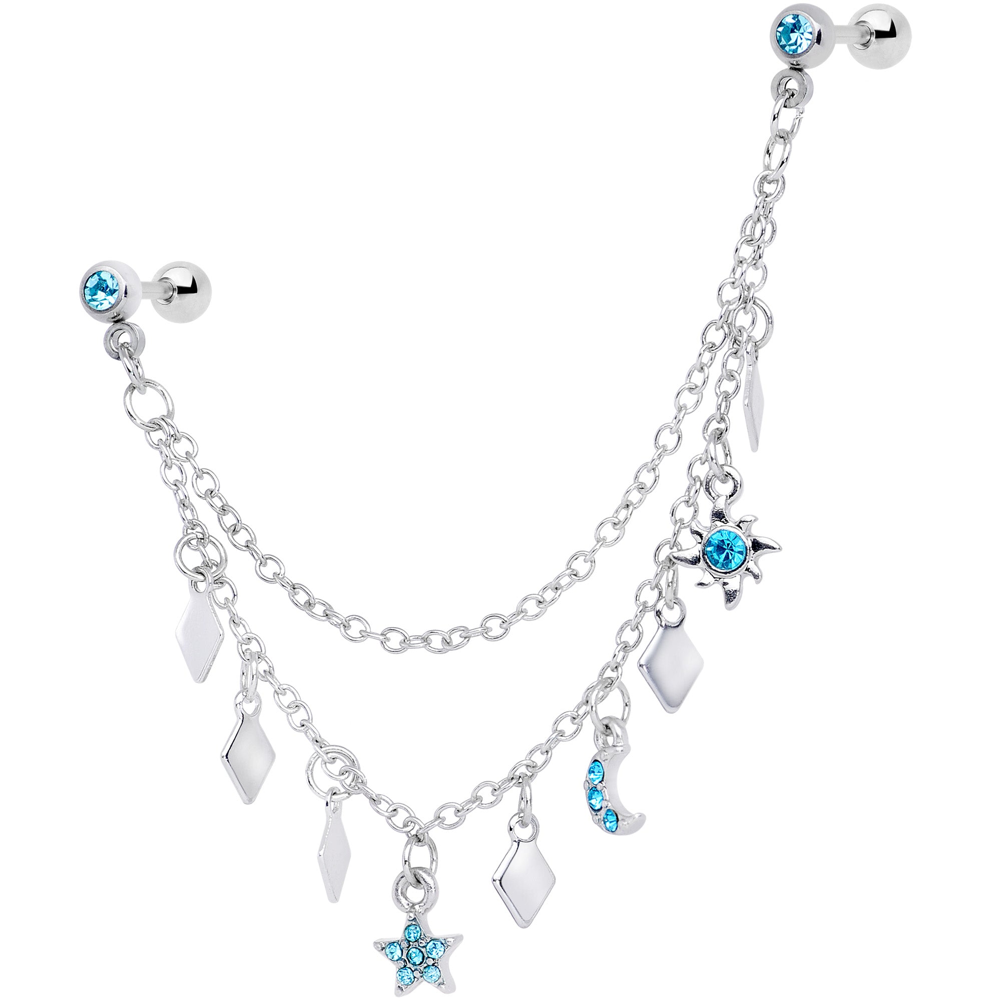 16G 1/4 Aqua Gem Moon Star Sun Dangle Cartilage Chain Earring