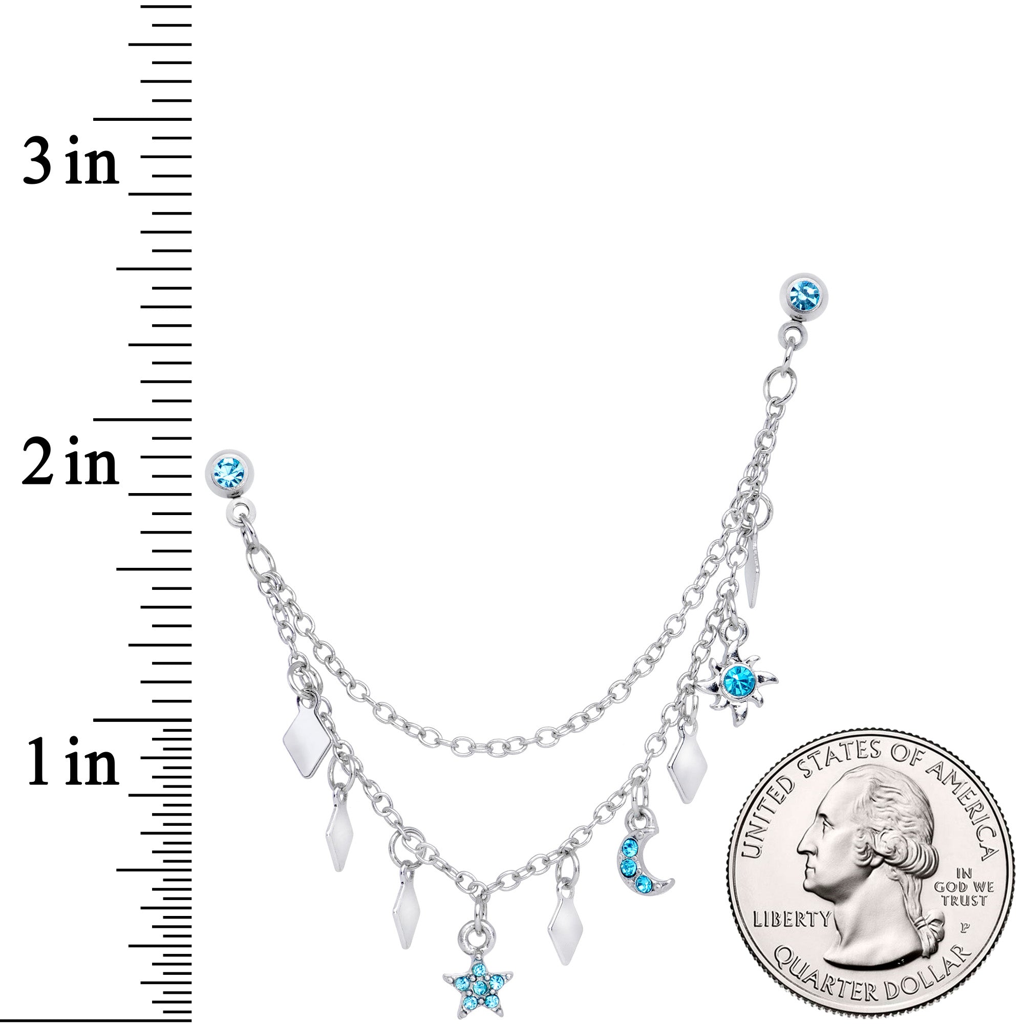 16G 1/4 Aqua Gem Moon Star Sun Dangle Cartilage Chain Earring