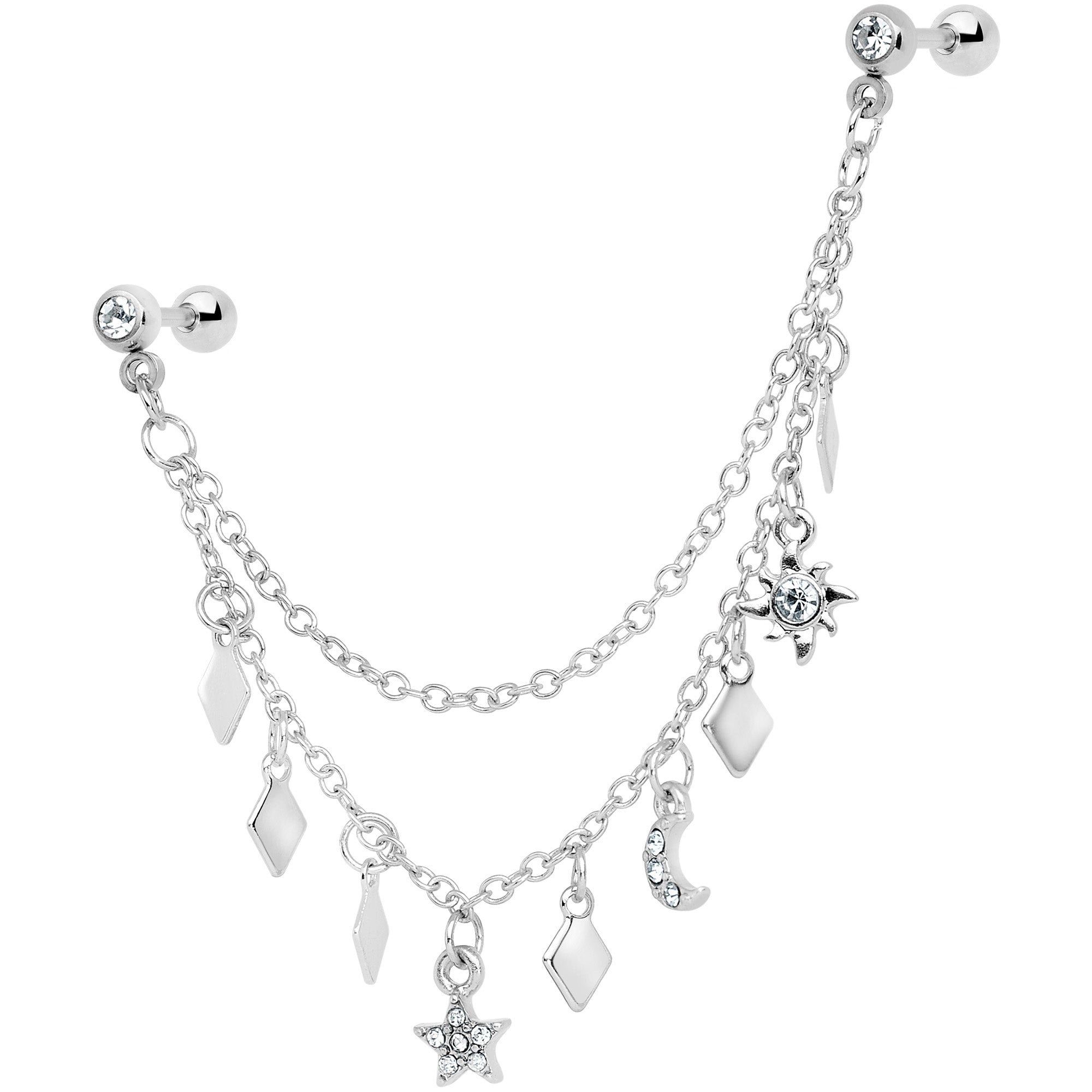 16G 1/4 Clear Gem Moon Star Sun Dangle Cartilage Chain Earring