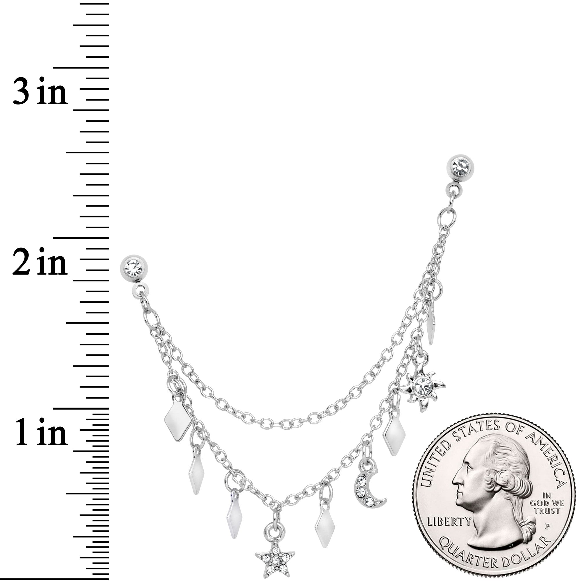 16G 1/4 Clear Gem Moon Star Sun Dangle Cartilage Chain Earring