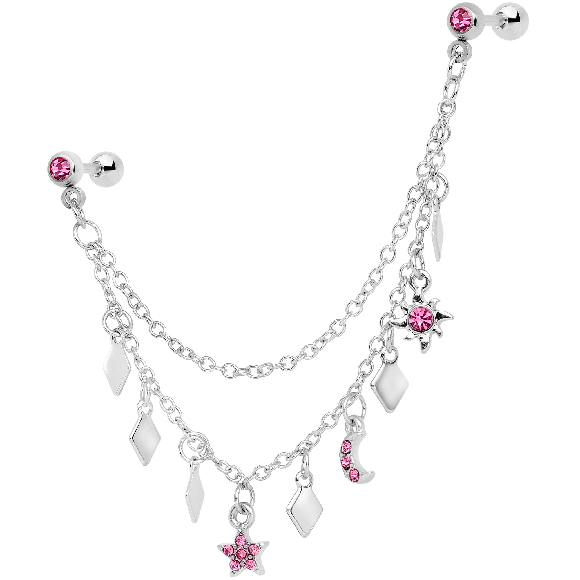 16G 1/4 Pink Gem Moon Star Sun Dangle Cartilage Chain Earring