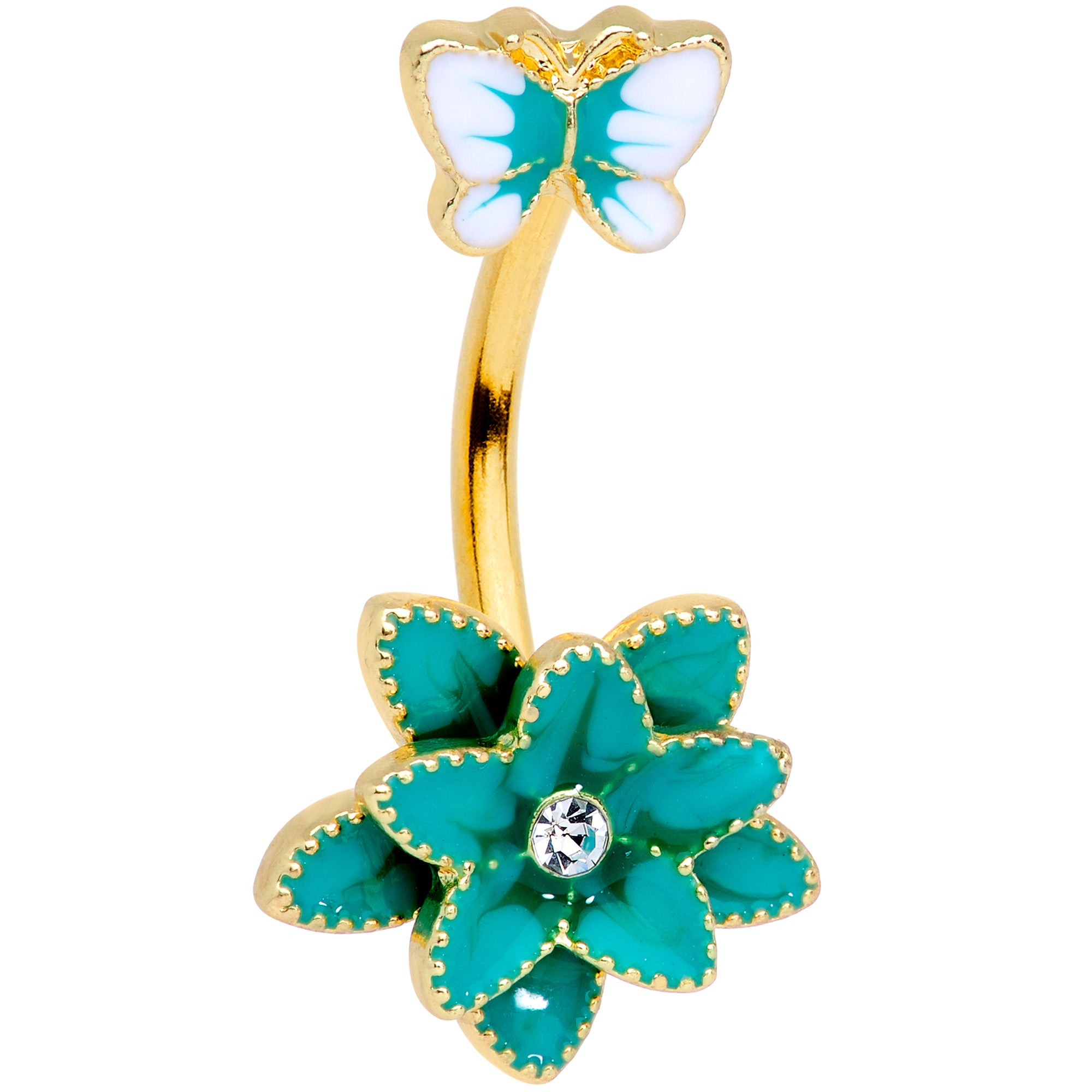 Clear Gem Gold Tone Blue Flower Butterfly Double Mount Belly Ring
