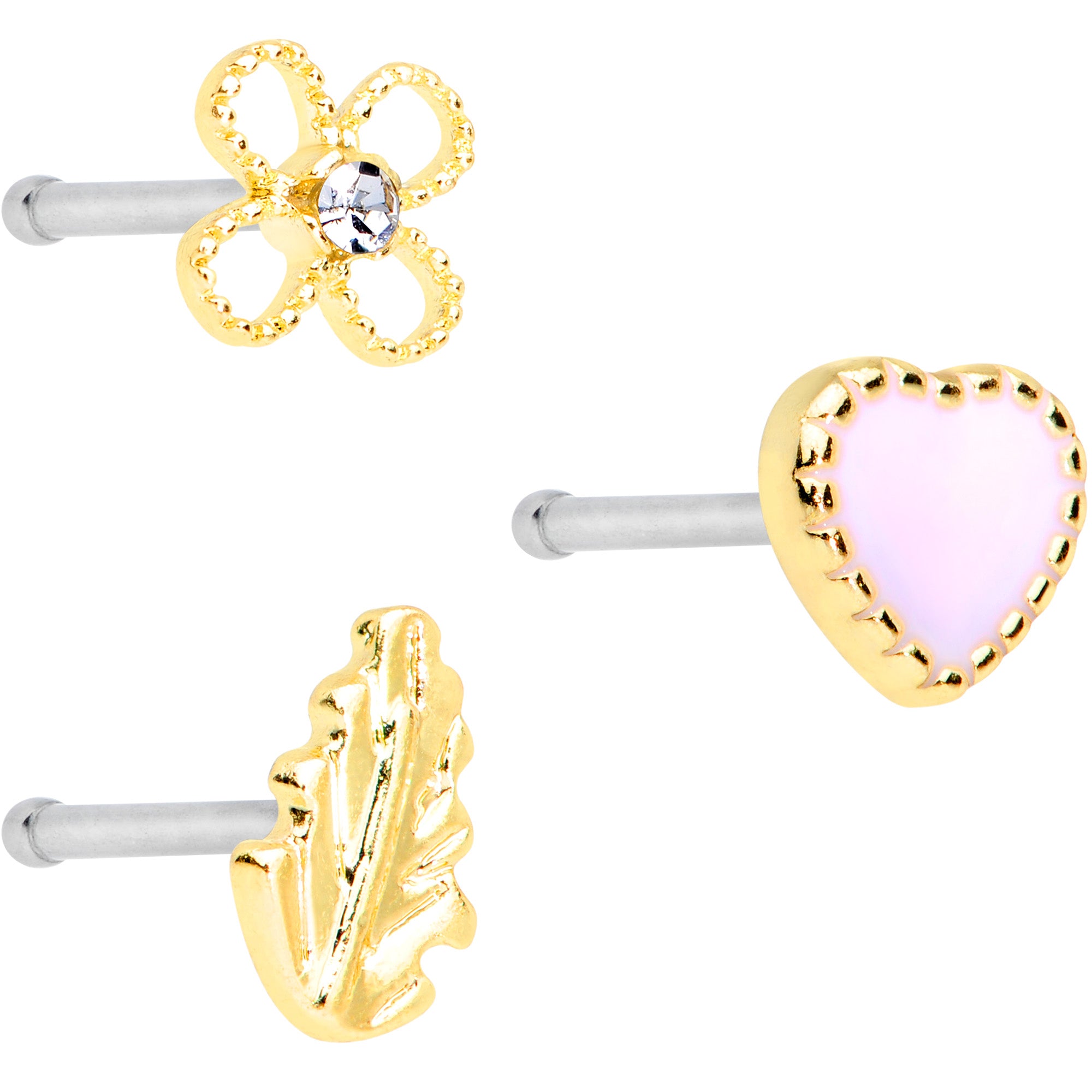 20G 1/4 Clear Gem Pink Heart Flower Feather Nose Bone Set of 3